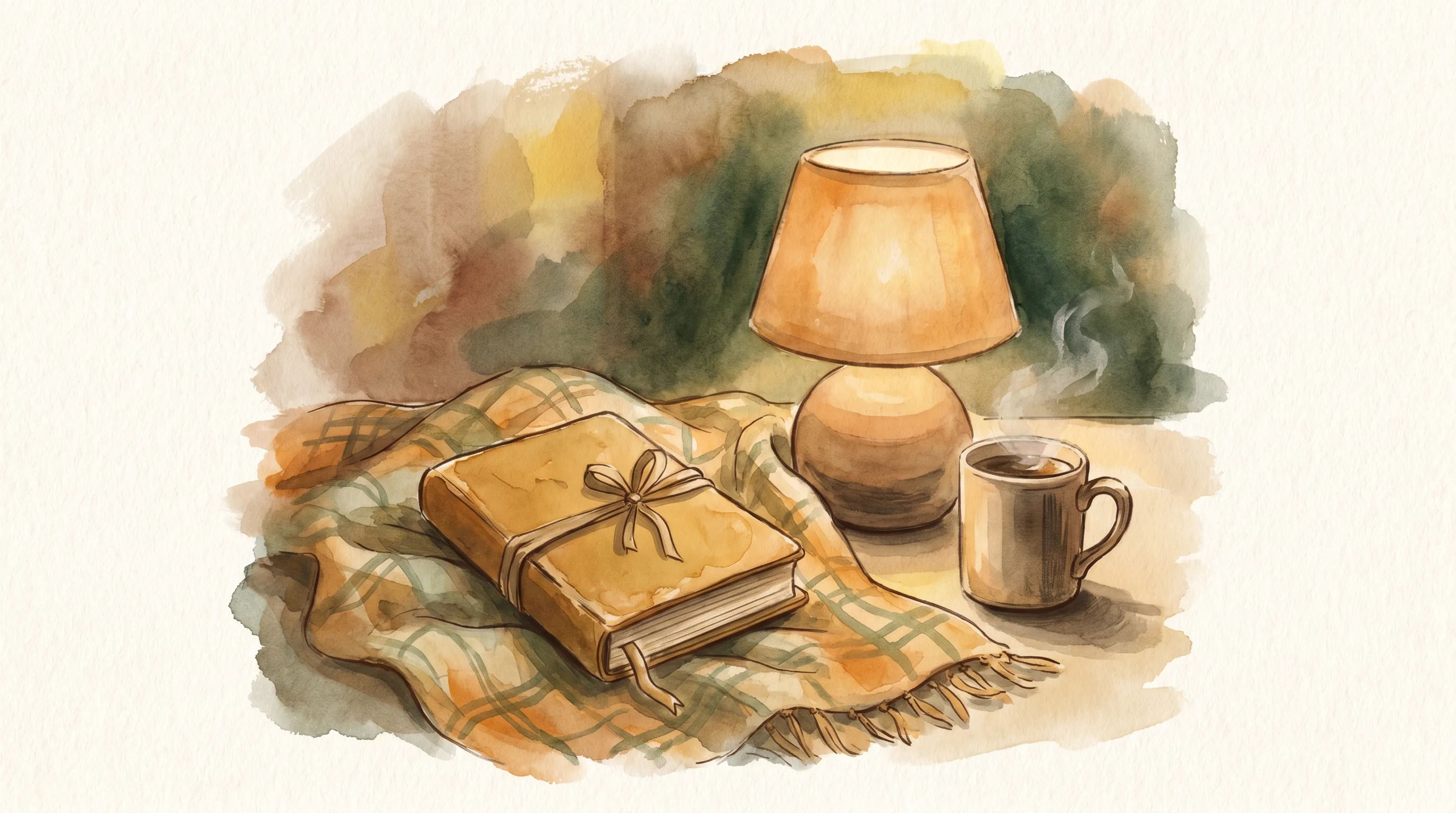 Un carnet fermé le soir, une lampe basse, un plaid.