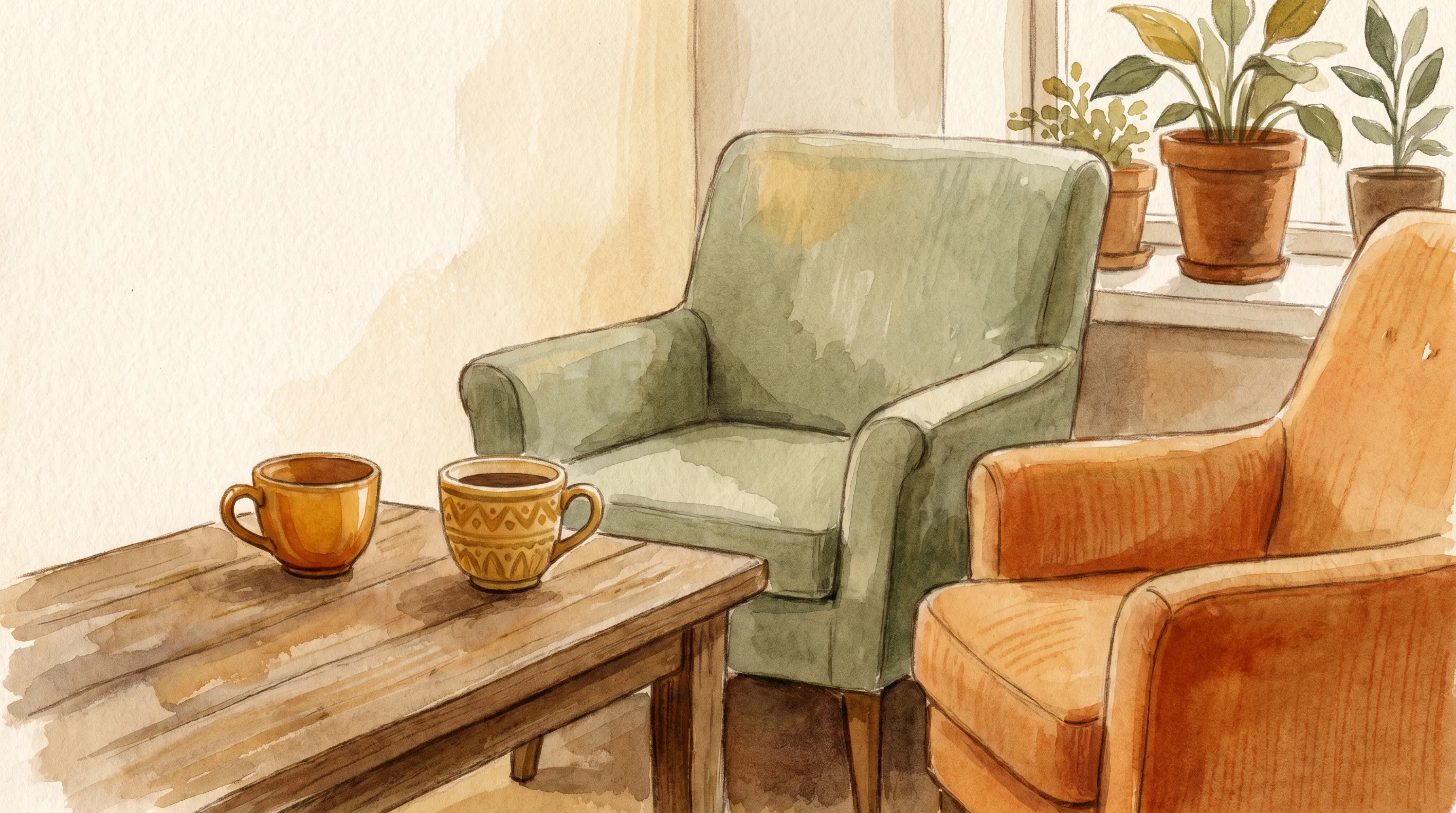 Deux tasses sur une table, chaises légèrement tournées l'une vers l'autre.