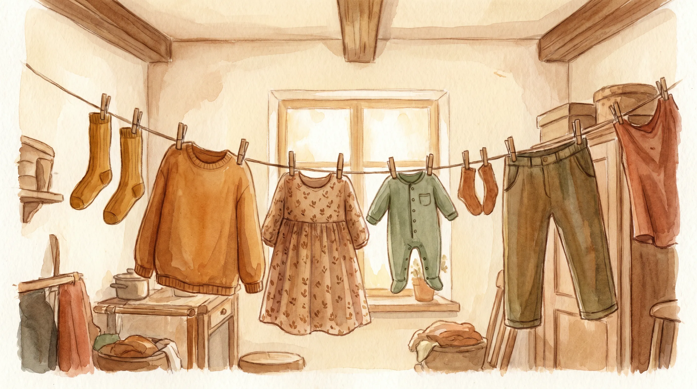 Un fil à linge intérieur avec du linge d'adulte et d'enfant, lumière douce.