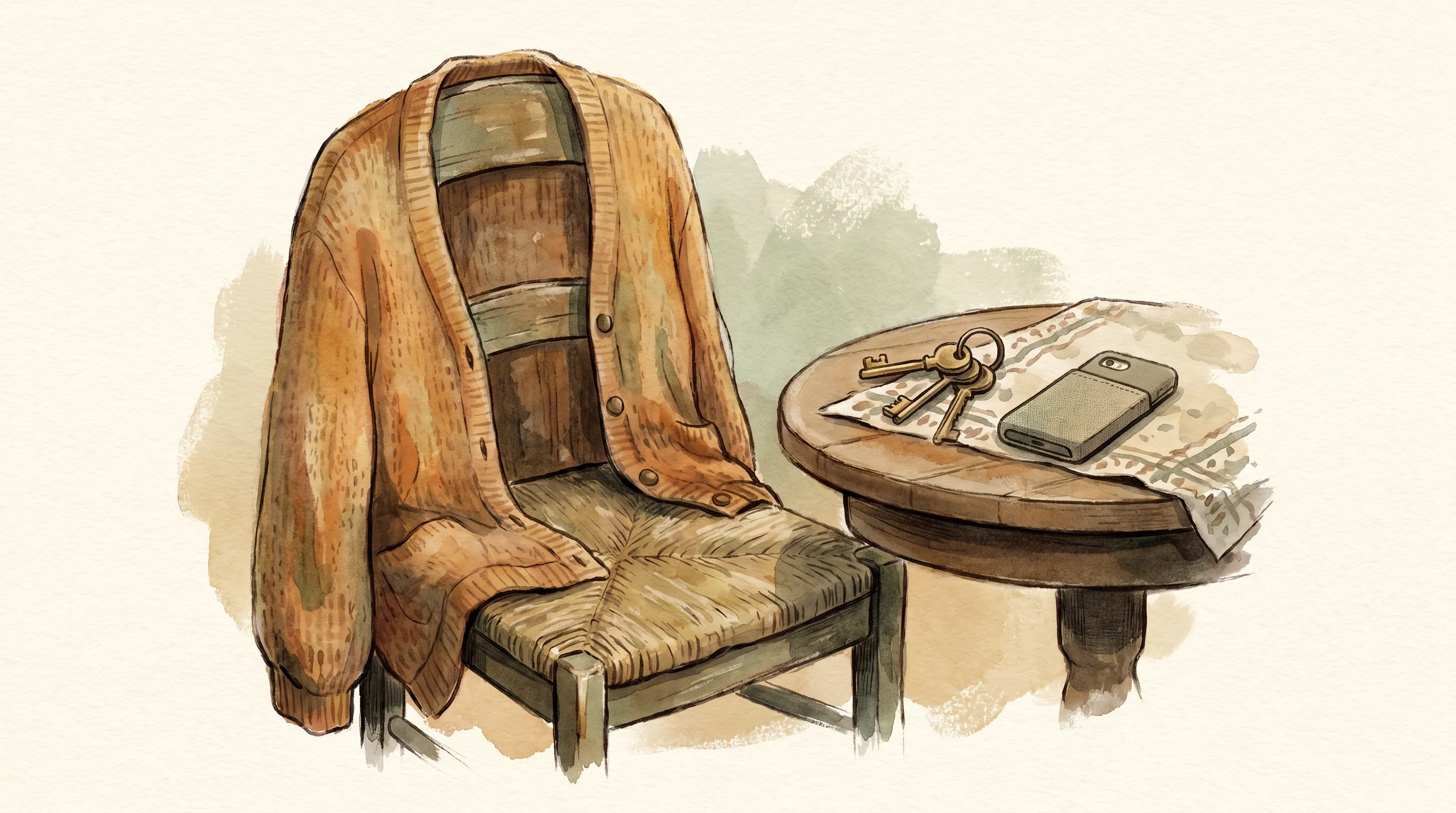 Une veste posée sur une chaise, des clés et un téléphone sur la table.