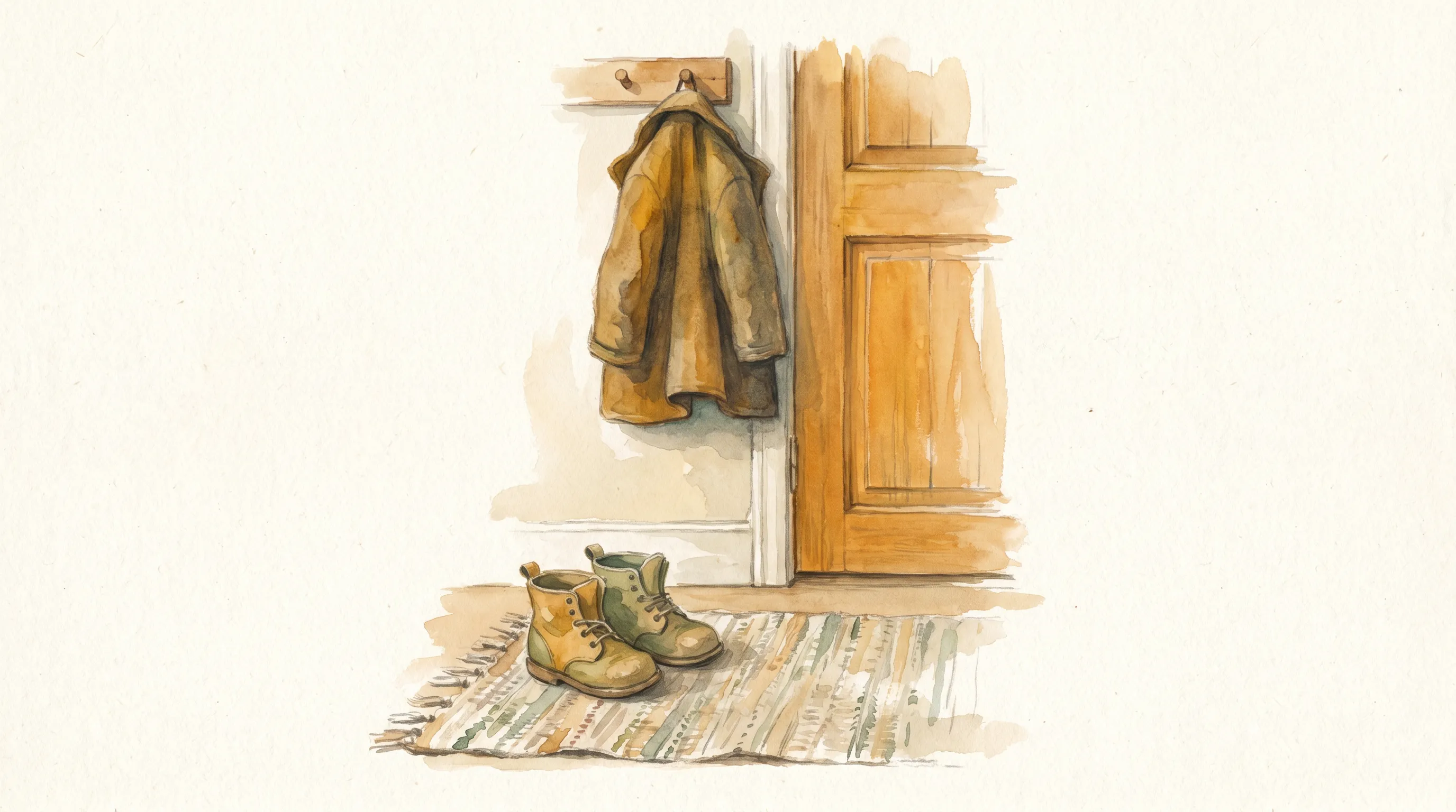 Petites chaussures d'enfant près d'une porte, manteau adulte accroché au-dessus.
