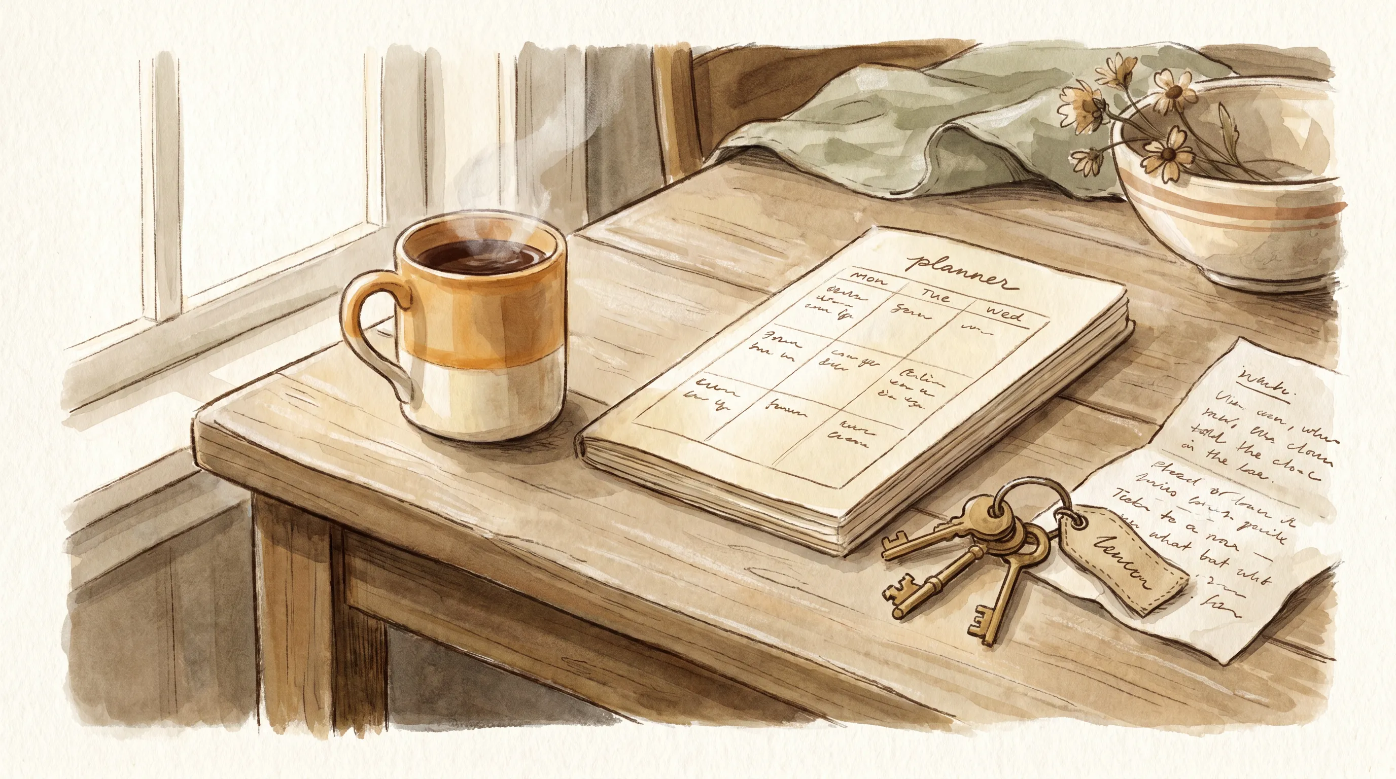 Une table de cuisine le matin, lumière de fenêtre, un agenda ouvert, une tasse, des clés, une liste.