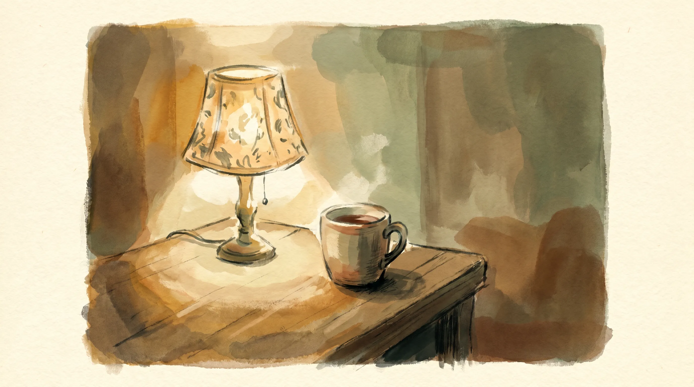 Une lampe allumée dans une pièce sombre, une tasse à moitié pleine sur la table.