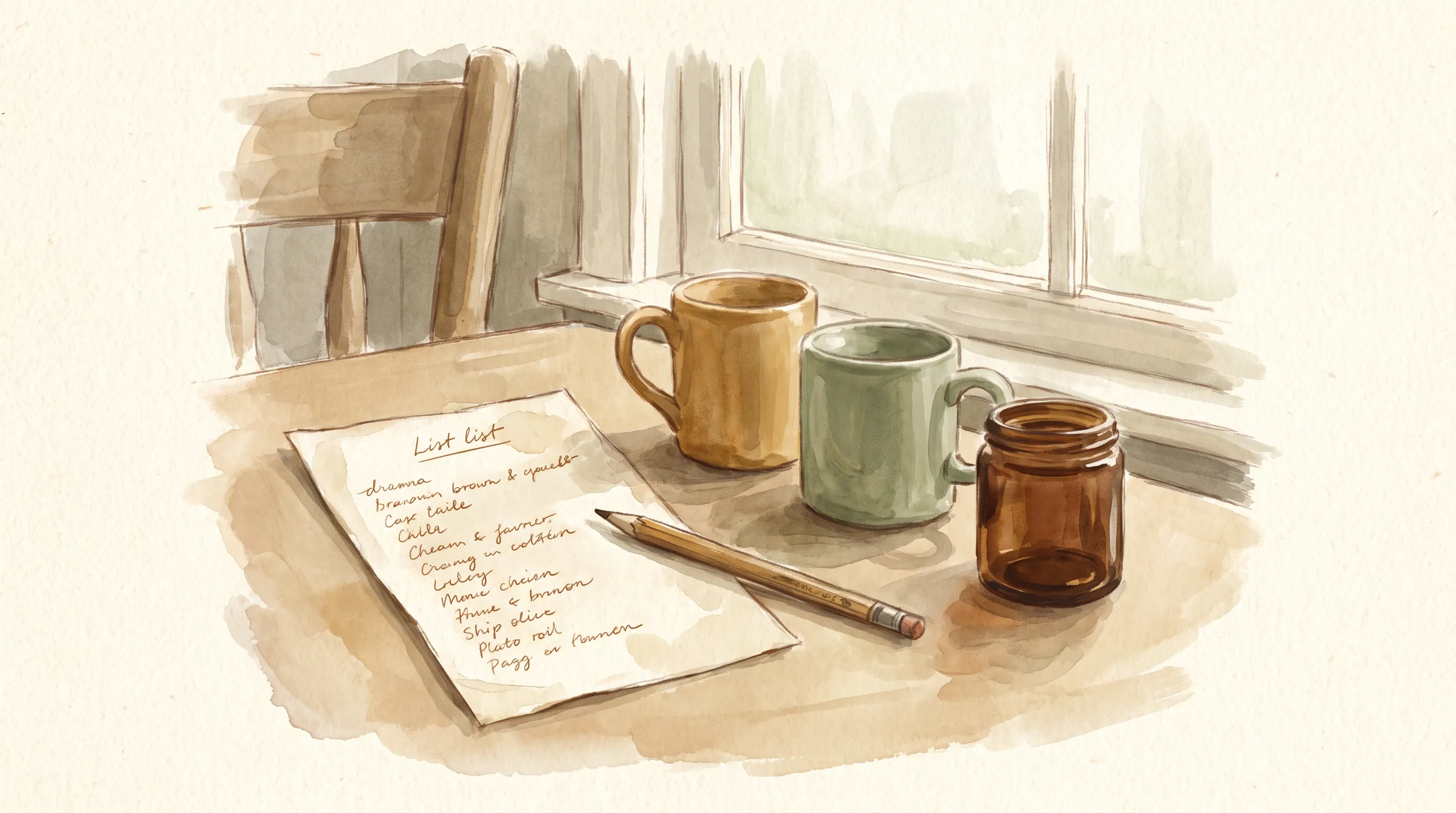 Une liste manuscrite illisible sur une table de cuisine, un crayon, deux tasses, lumière du matin.