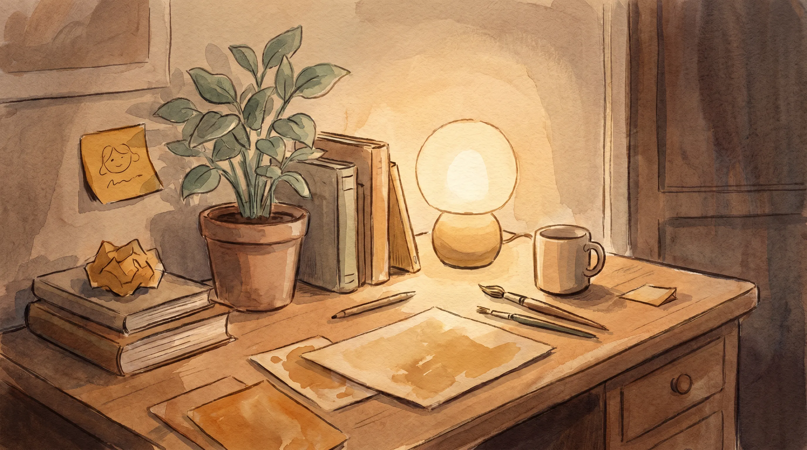 Un bureau en fin de journée, lumière de lampe, un post-it, une plante.