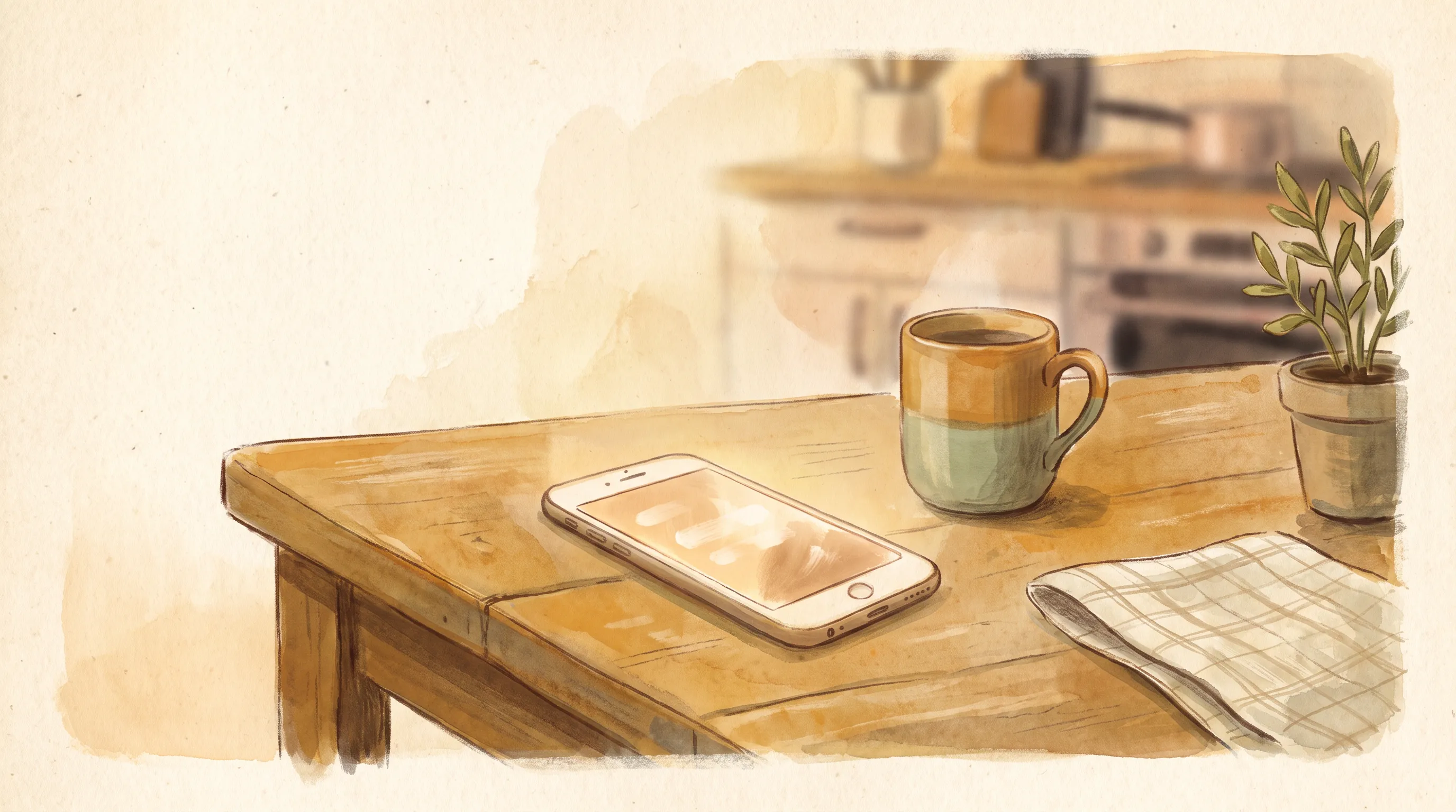 Un téléphone posé sur une table de cuisine près d'une tasse, écran doucement éclairé sans interface lisible, lumière de soir.