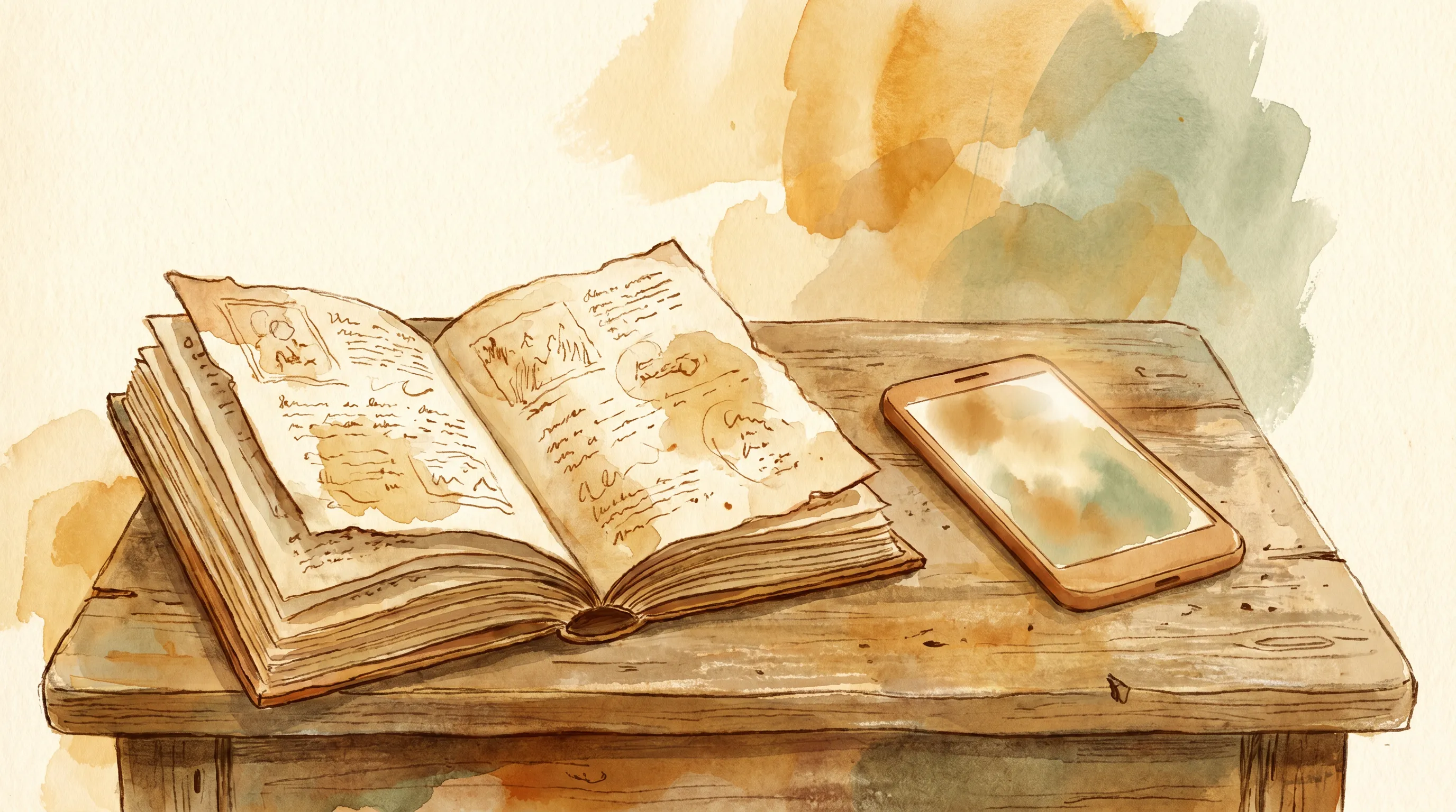 Un journal intime ancien ouvert à côté d'un téléphone moderne, sur une même table.