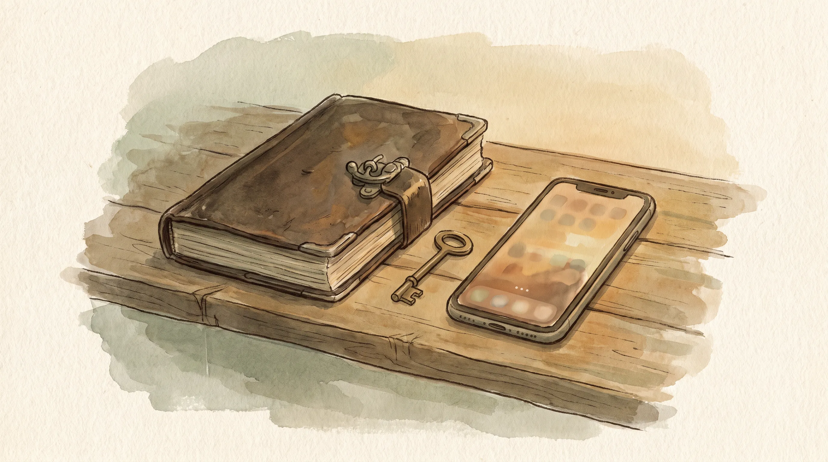 Un journal intime ancien fermé et un téléphone posés côte à côte sur une étagère en bois, une petite clé entre les deux, lumière douce du soir.