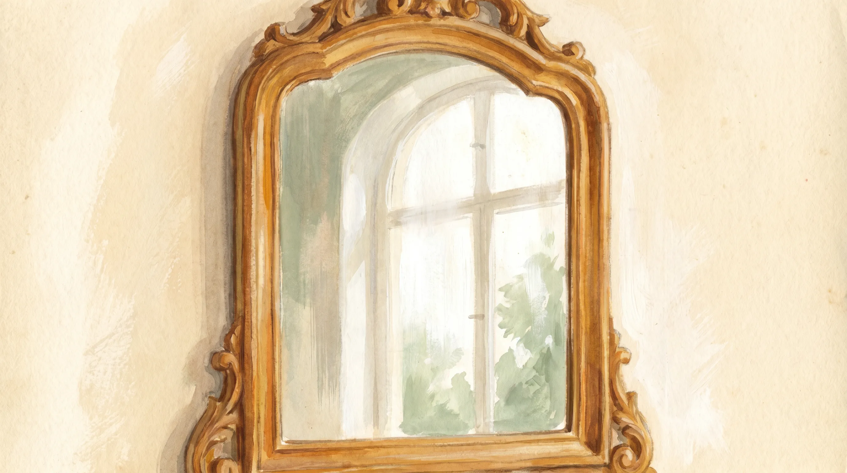 Un miroir ancien qui reflète une fenêtre lumineuse, sans aucun visage dans le cadre.