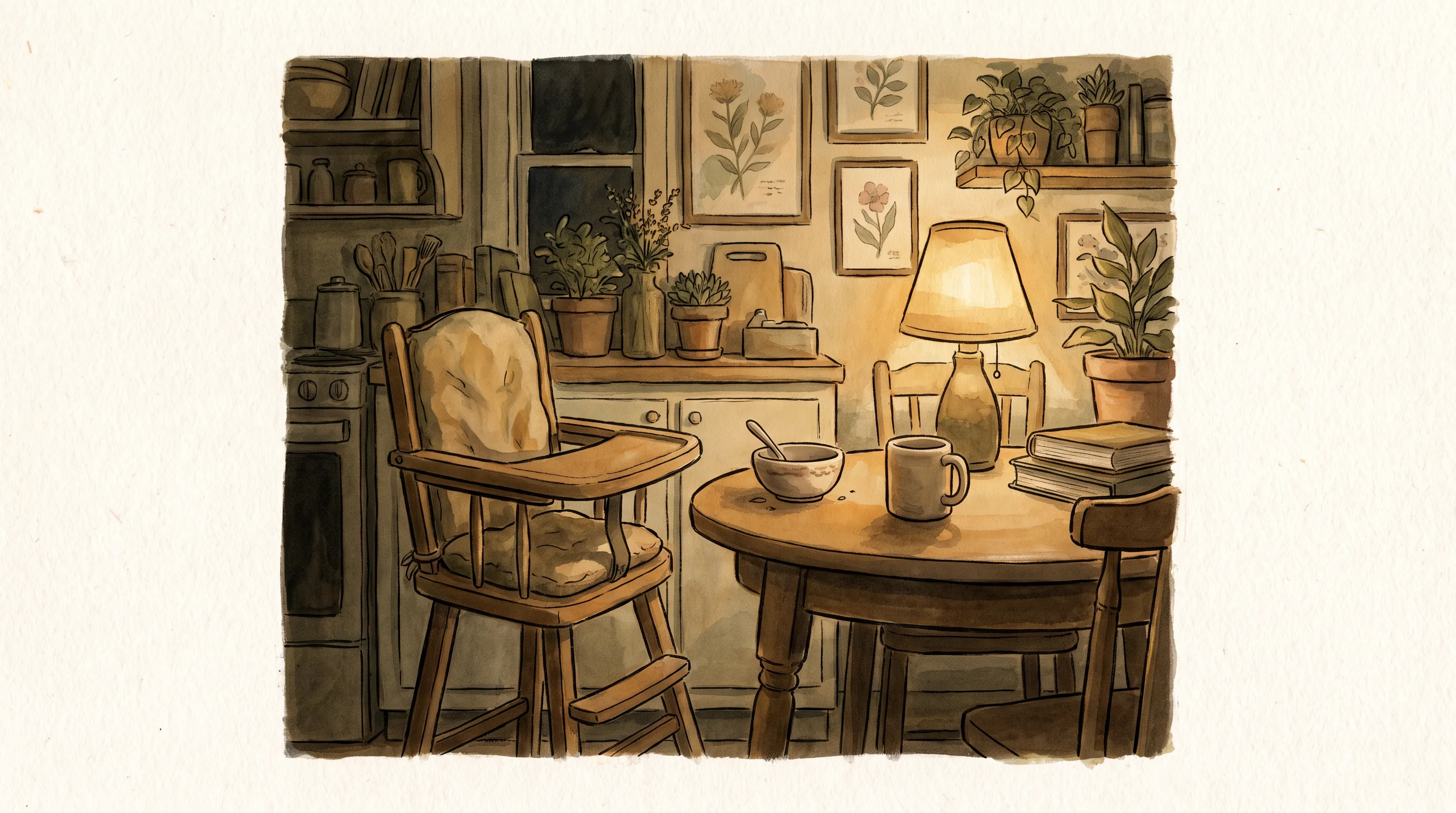 Une cuisine le soir, un bol d'enfant pas encore lavé à côté d'une tasse d'adulte, une lampe basse allumée, une chaise haute vide.
