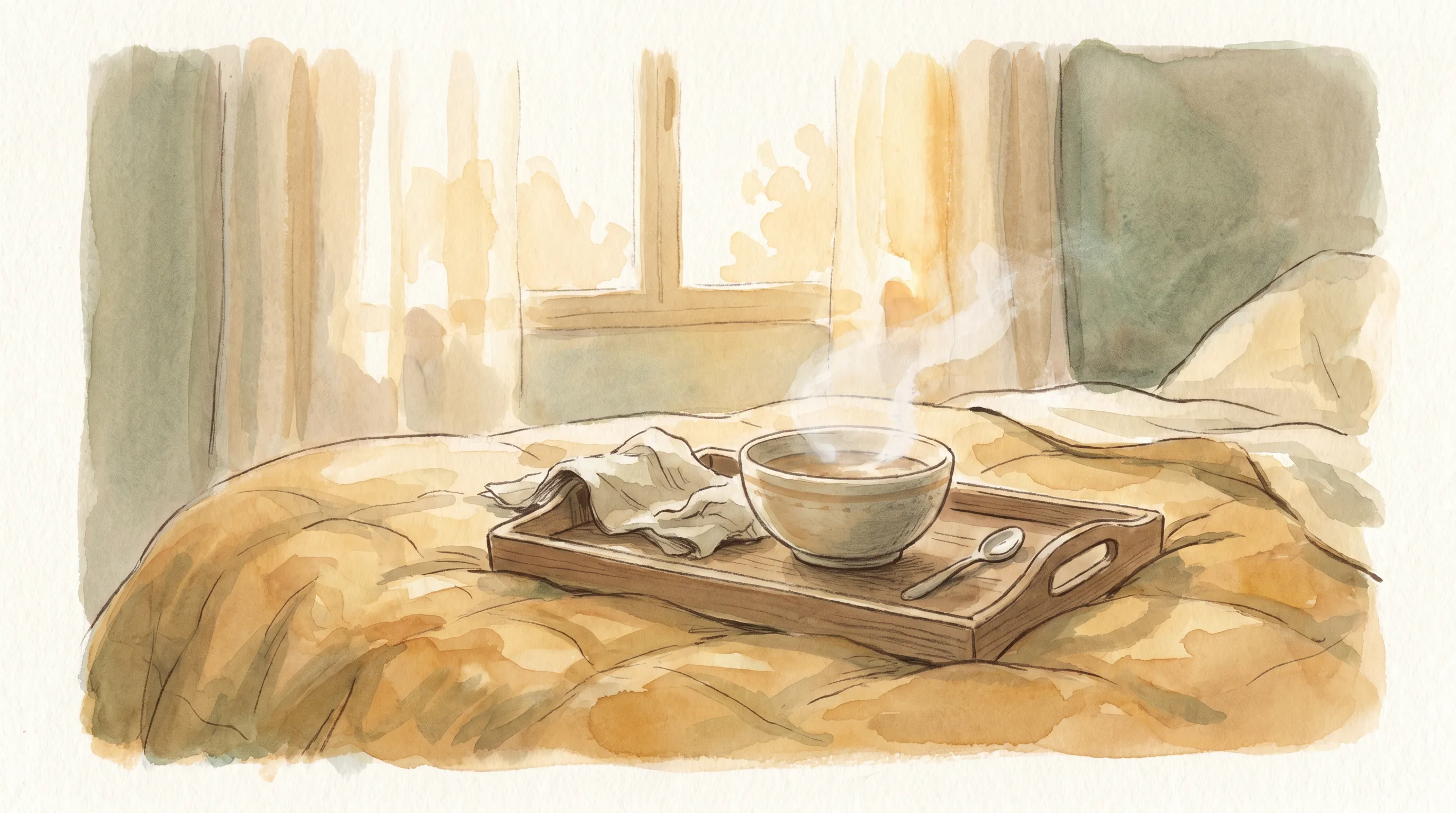 Un plateau repas simple posé sur un lit, bol qui fume, lumière enveloppante du matin.
