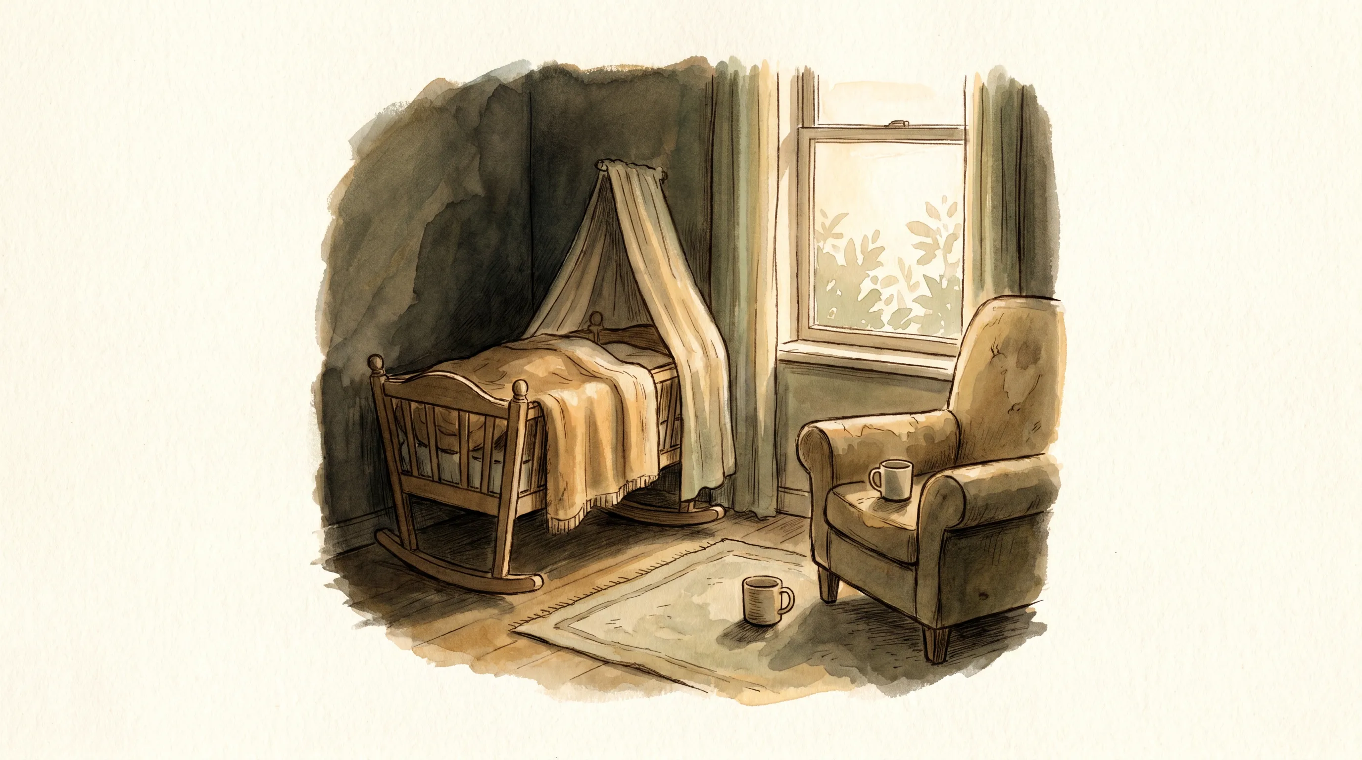 Une chambre au petit matin, berceau dans la pénombre, fenêtre qui blanchit doucement, tasse posée par terre près d'un fauteuil.