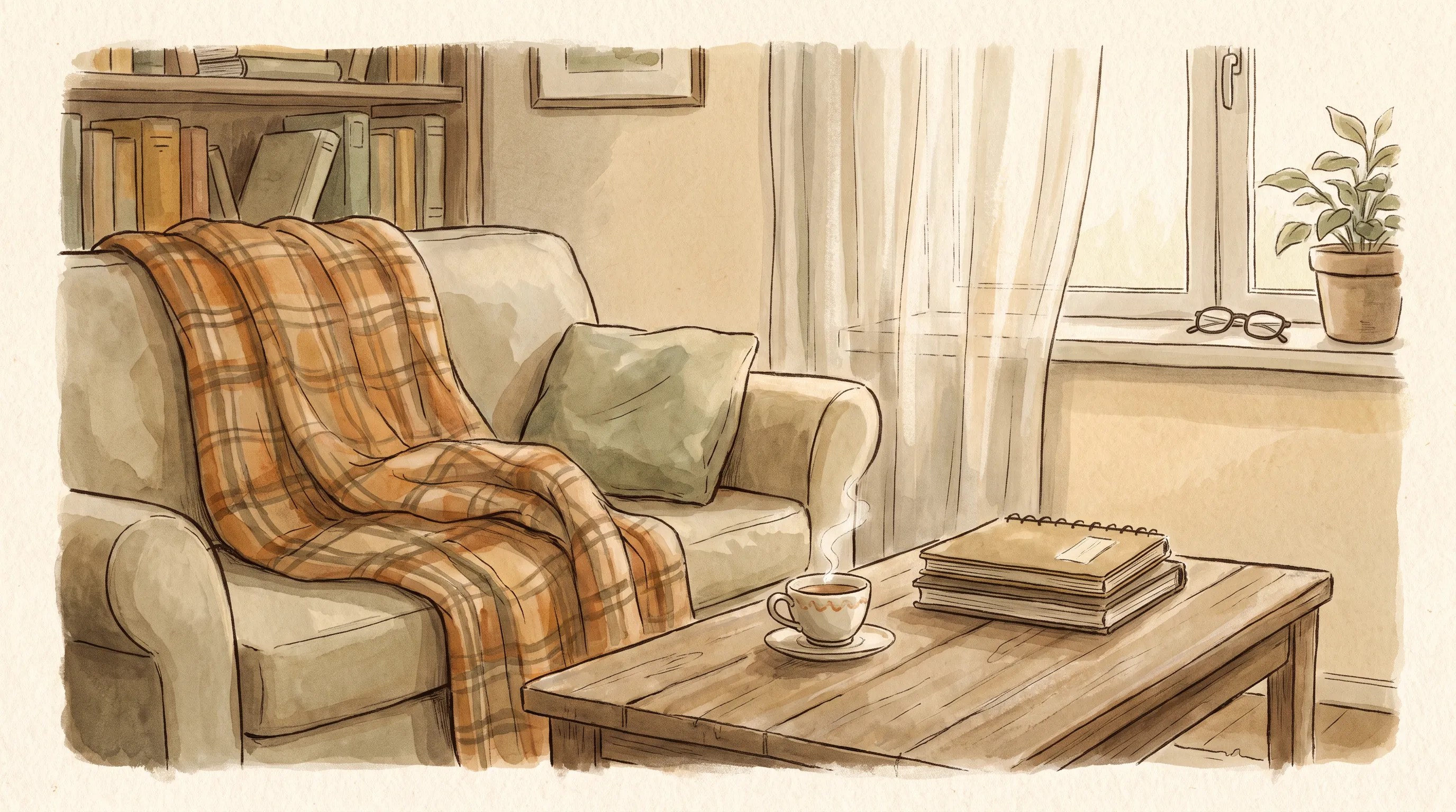 Un plaid sur un canapé au milieu de l'après-midi, un rideau à moitié tiré, une tasse de thé oubliée sur la table basse.