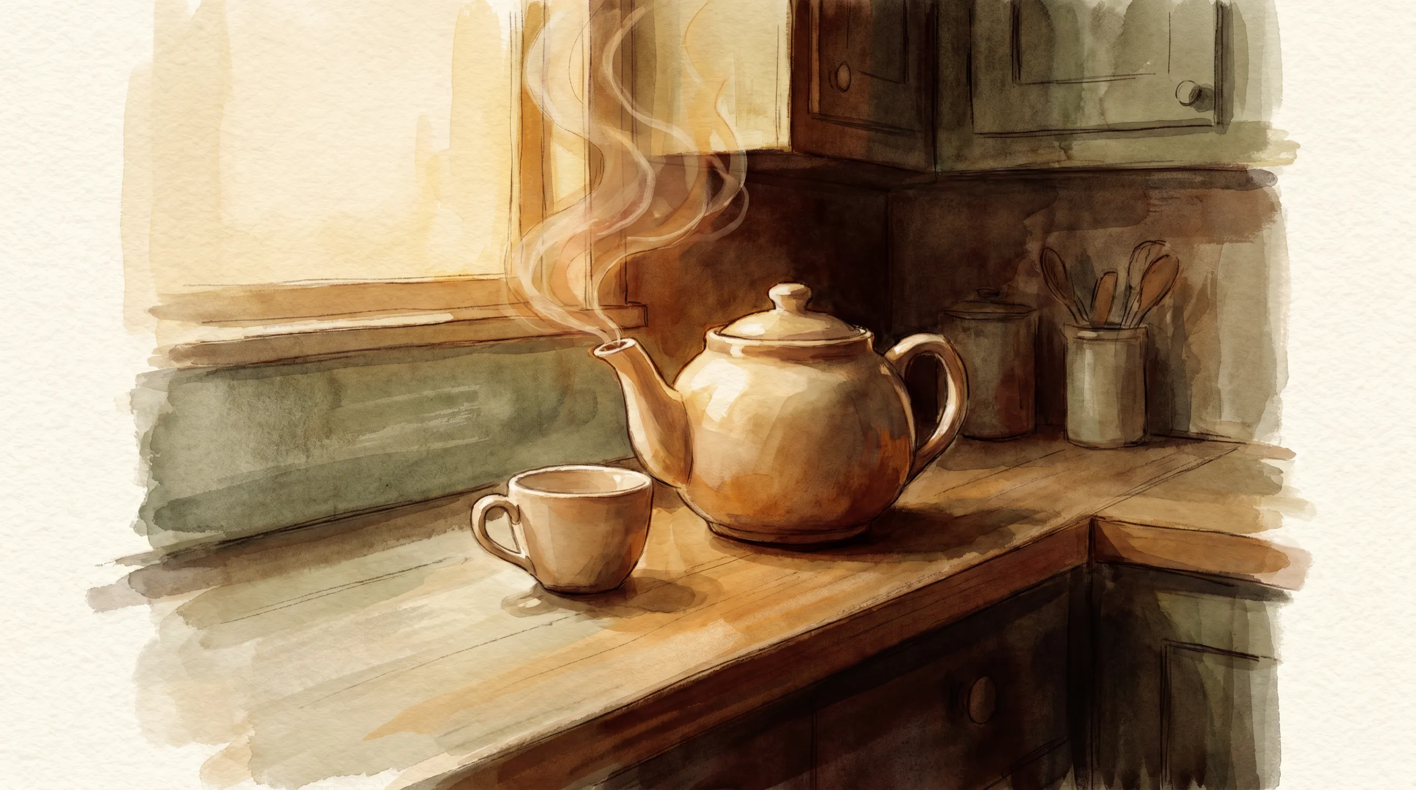Une théière qui fume dans une cuisine sombre, avec une seule tasse posée à côté.