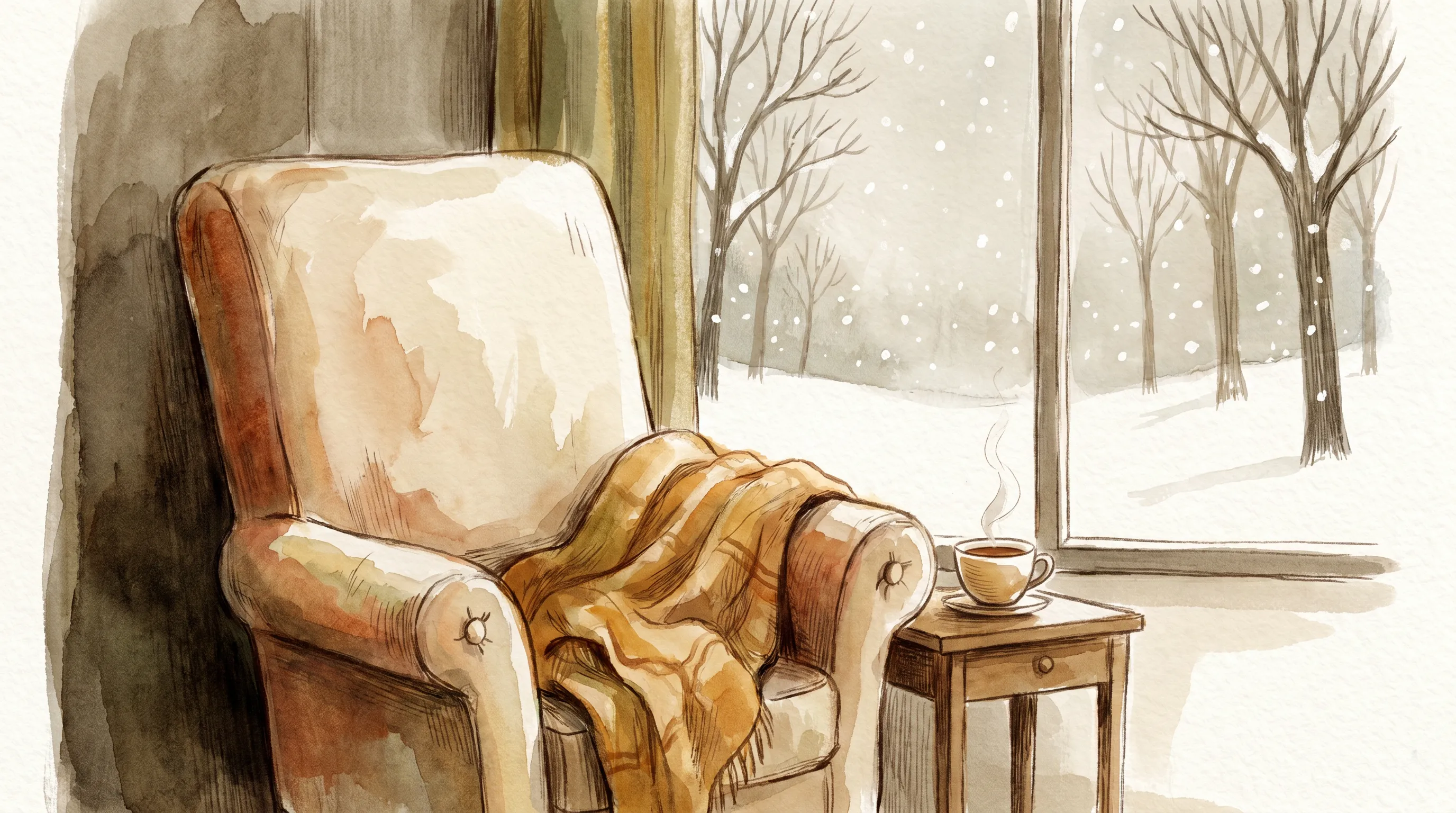 Un fauteuil au creux marqué près d'une fenêtre d'hiver, plaid défait.