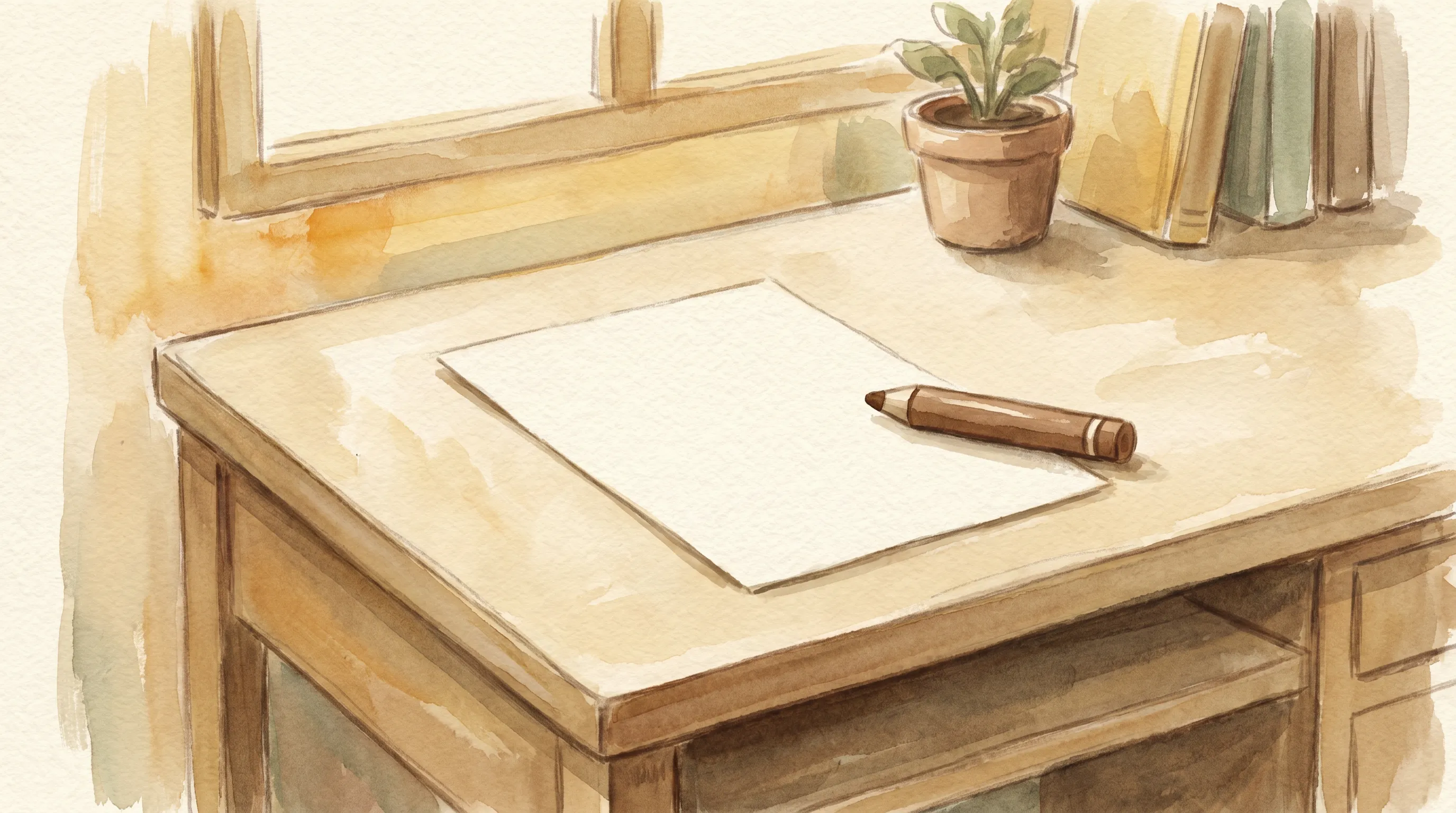 Un bureau rangé avec une seule feuille blanche et un crayon posé dessus.