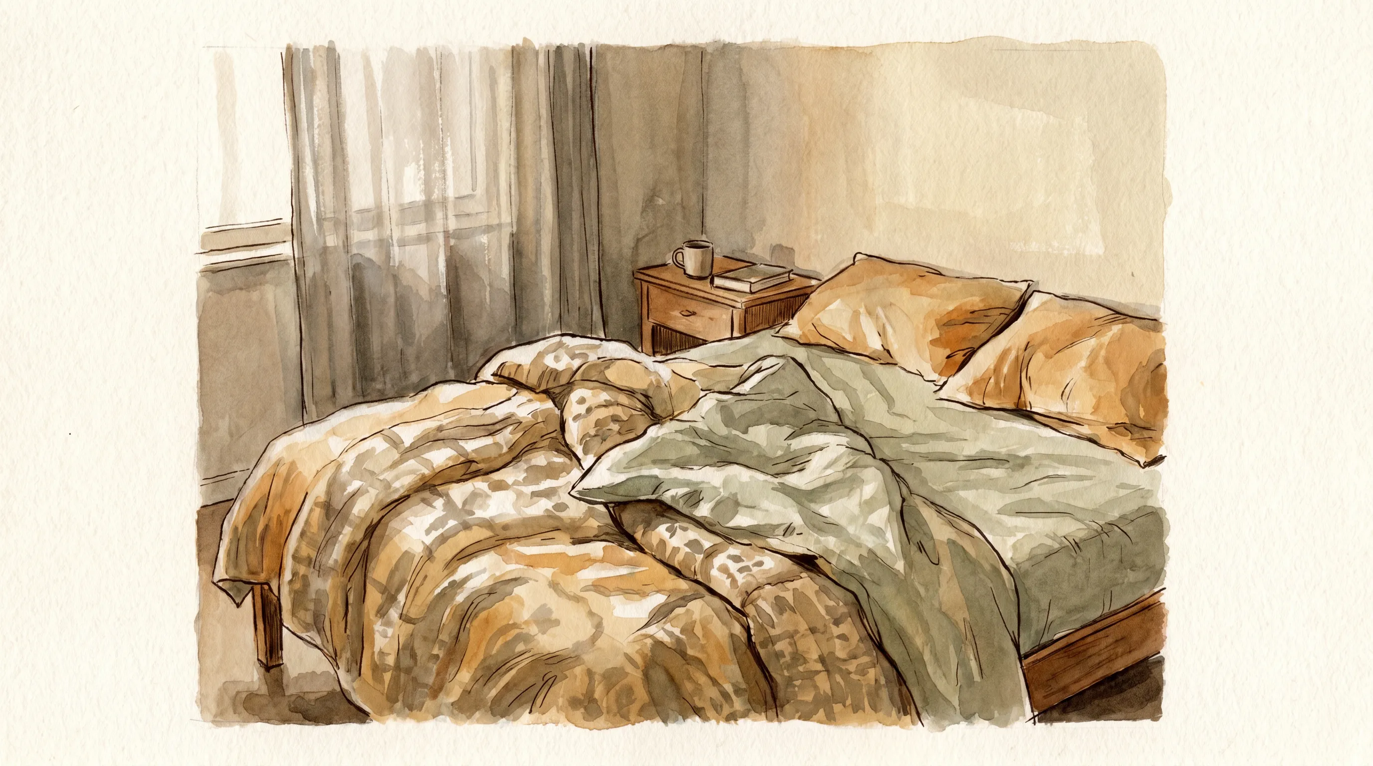 Un lit défait au matin, lumière grise douce, rideau à moitié tiré.