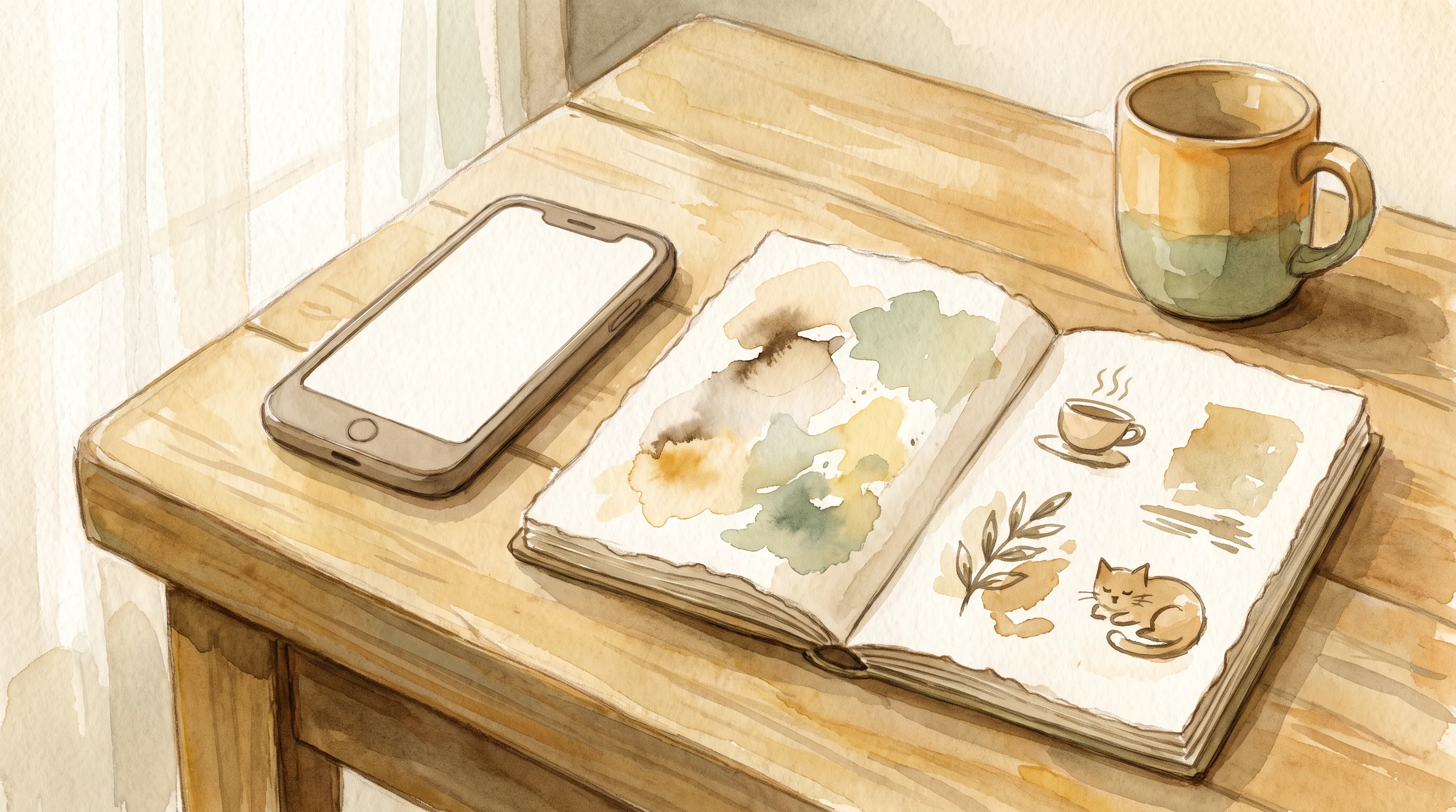 Un téléphone posé à côté d'un carnet papier ouvert, les deux sur une table en bois, lumière de matin.