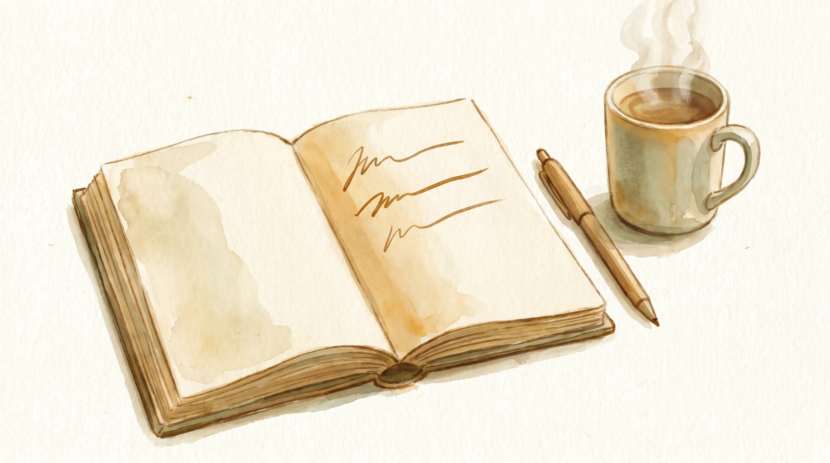 Un carnet ouvert avec trois lignes manuscrites suggérées, stylo posé à côté, tasse chaude.
