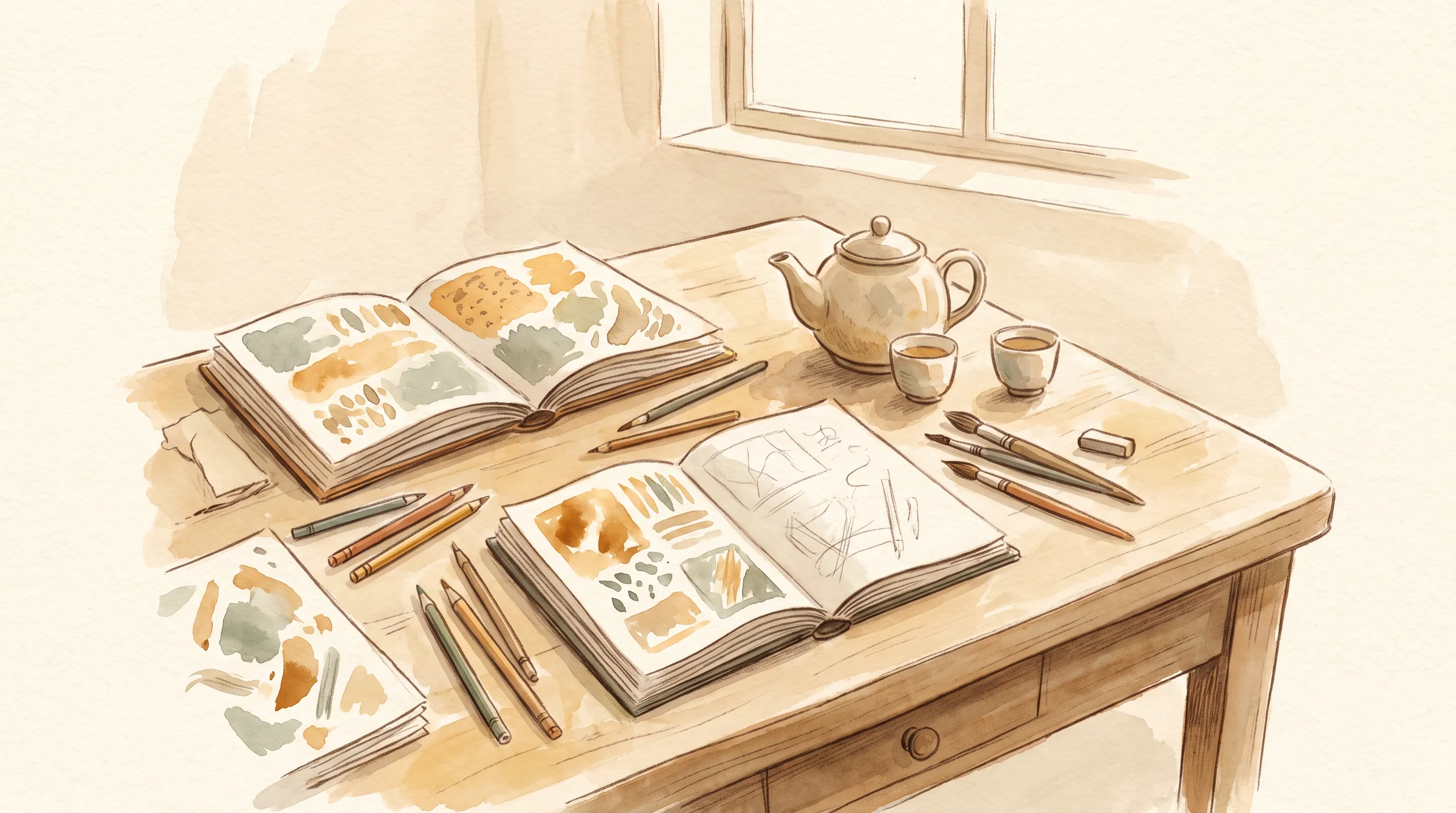 Une table d'atelier en bois avec plusieurs carnets ouverts, des crayons épars, une théière au centre, lumière chaude de bibliothèque.
