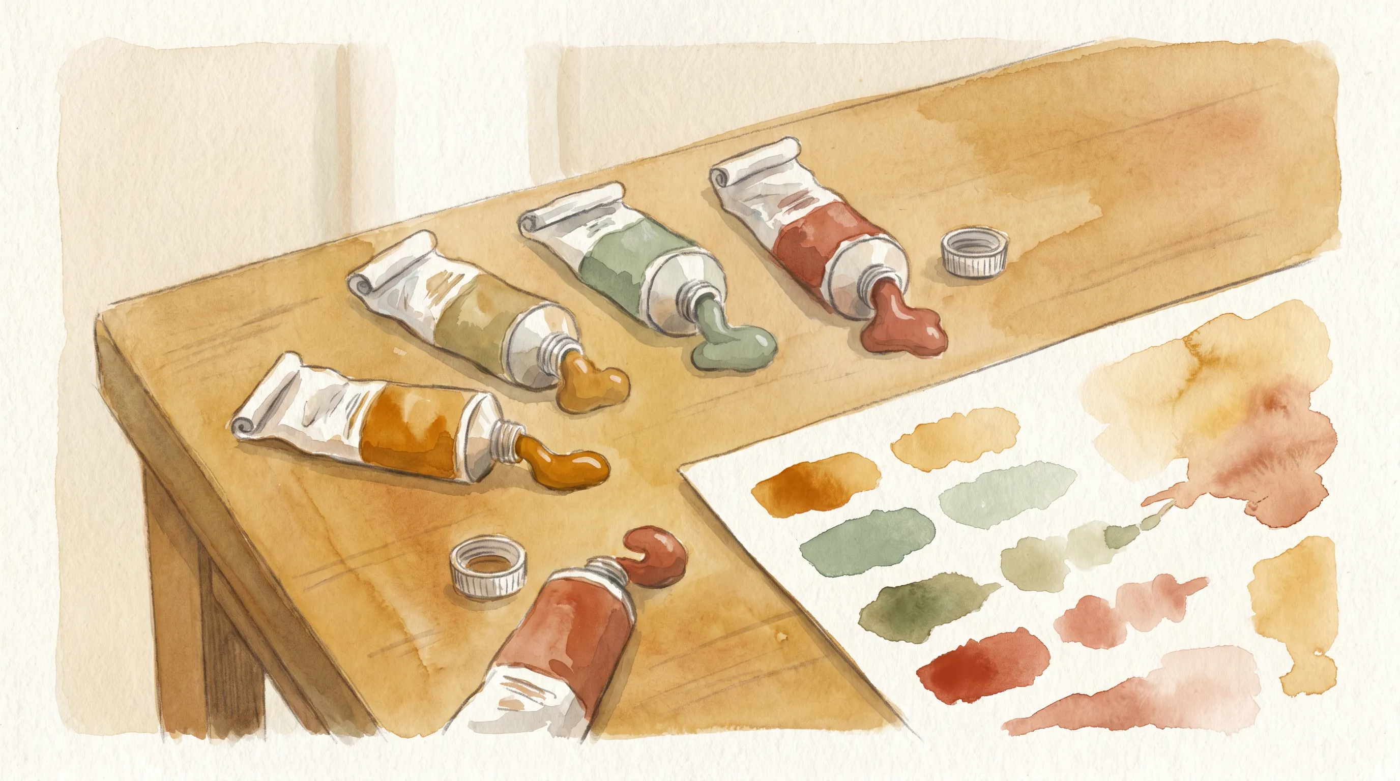 Des tubes d'aquarelle ouverts sur une table en bois, nuancier peint à la main à côté.