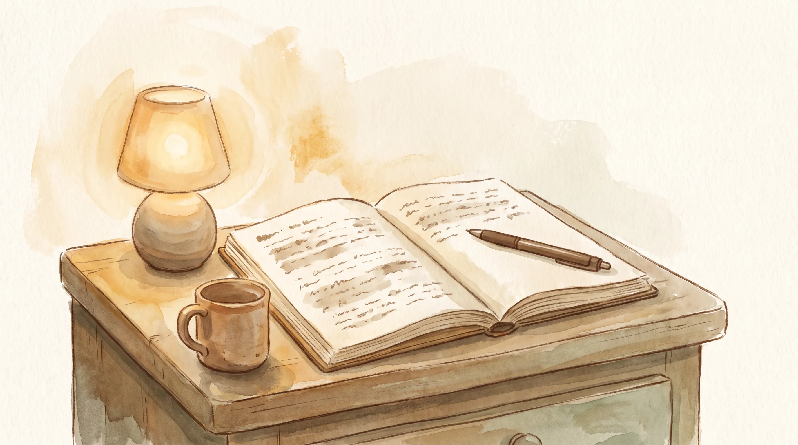 Un carnet relié ouvert sur une table de nuit, un stylo posé dessus, une lampe à la lumière chaude, une tasse, des lignes manuscrites illisibles.