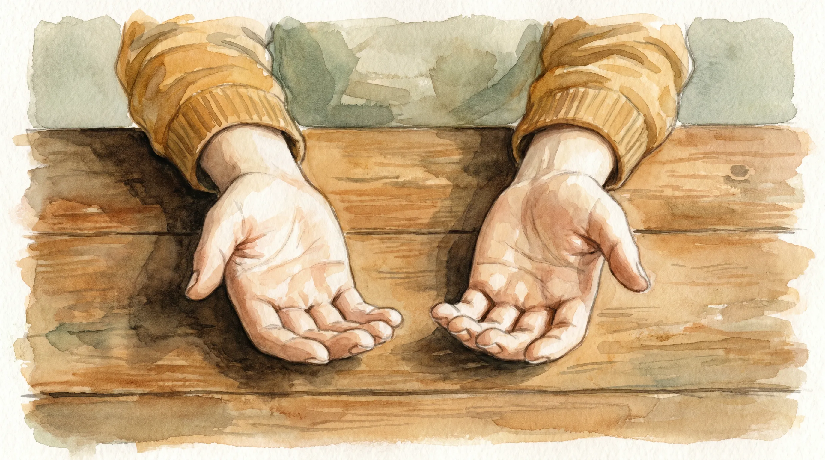 Des mains ouvertes au dessus d'une table, paumes vers le ciel, manches de pull relevées.