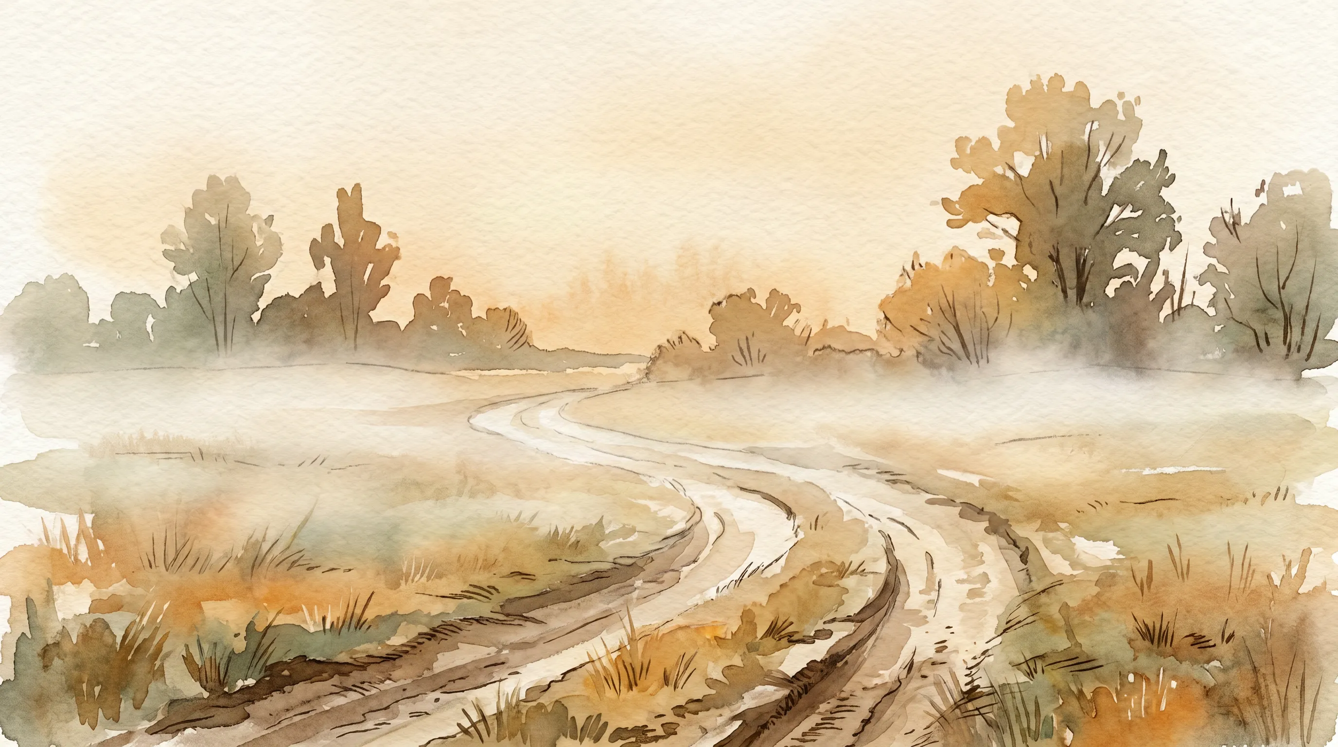 Un chemin de campagne au petit matin, brume légère au ras du sol, ornières dans la terre.