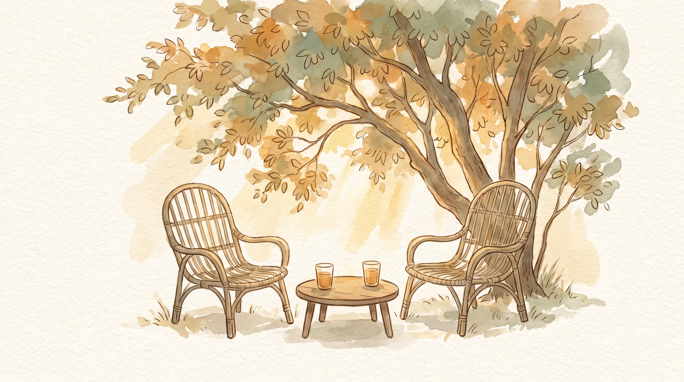 Deux chaises de jardin face à face sous un arbre, une table basse avec deux verres, lumière de fin d'après-midi d'été.