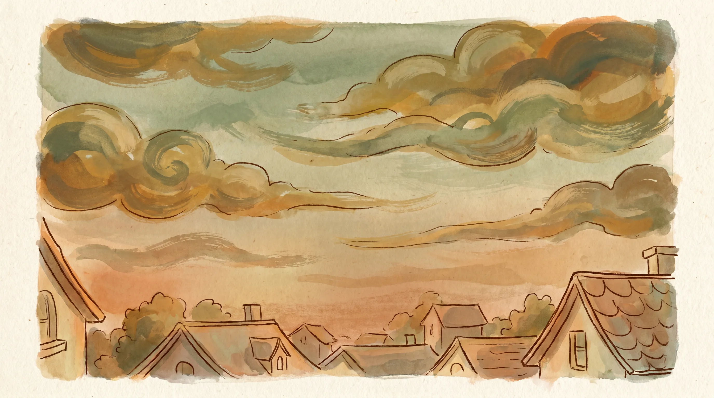 Un ciel de crépuscule aux nuages nombreux et doux, toits calmes en dessous.