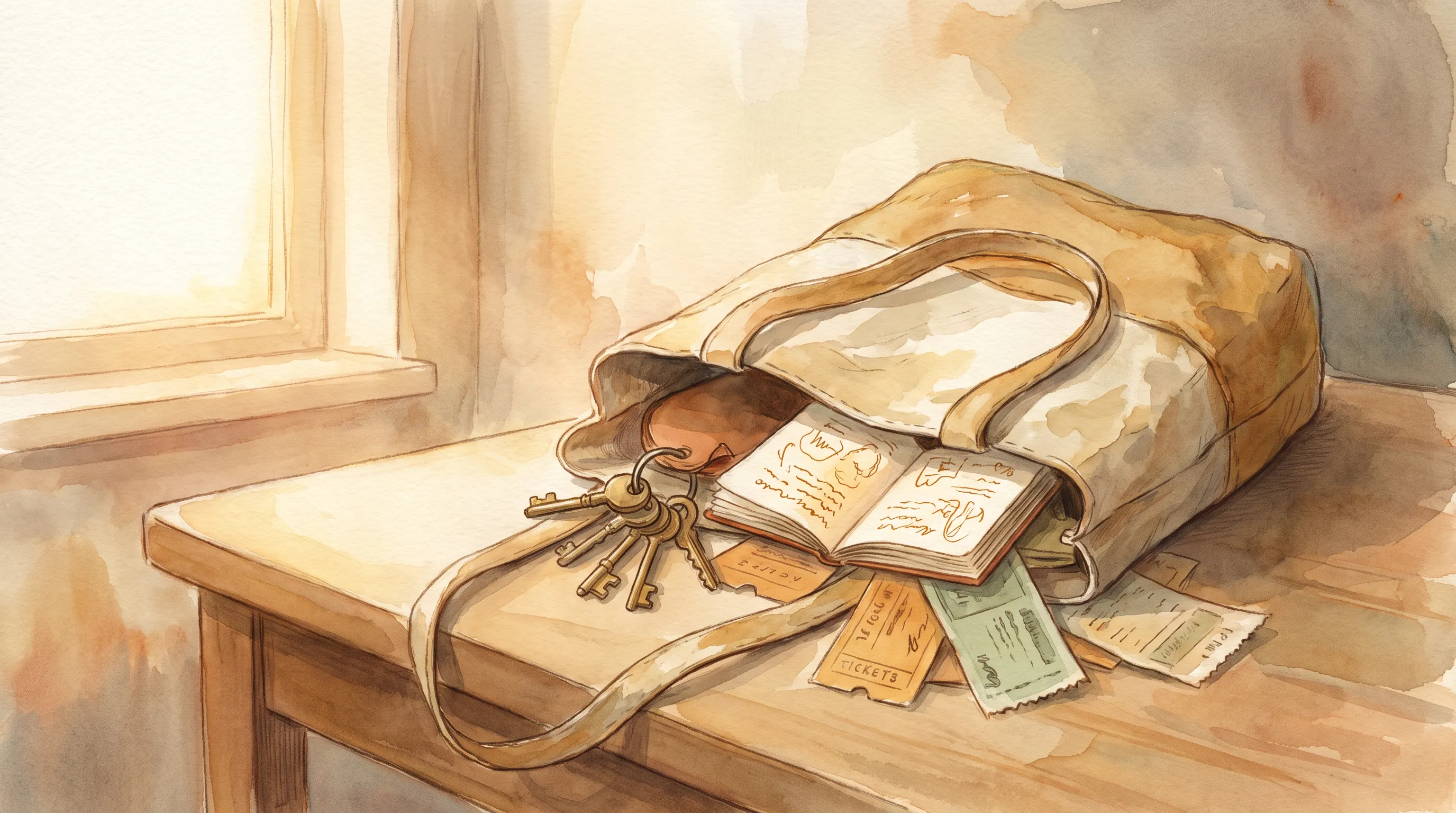 Un grand sac en toile renversé sur une table de cuisine, clés, carnet et tickets étalés, lumière de fin de journée.