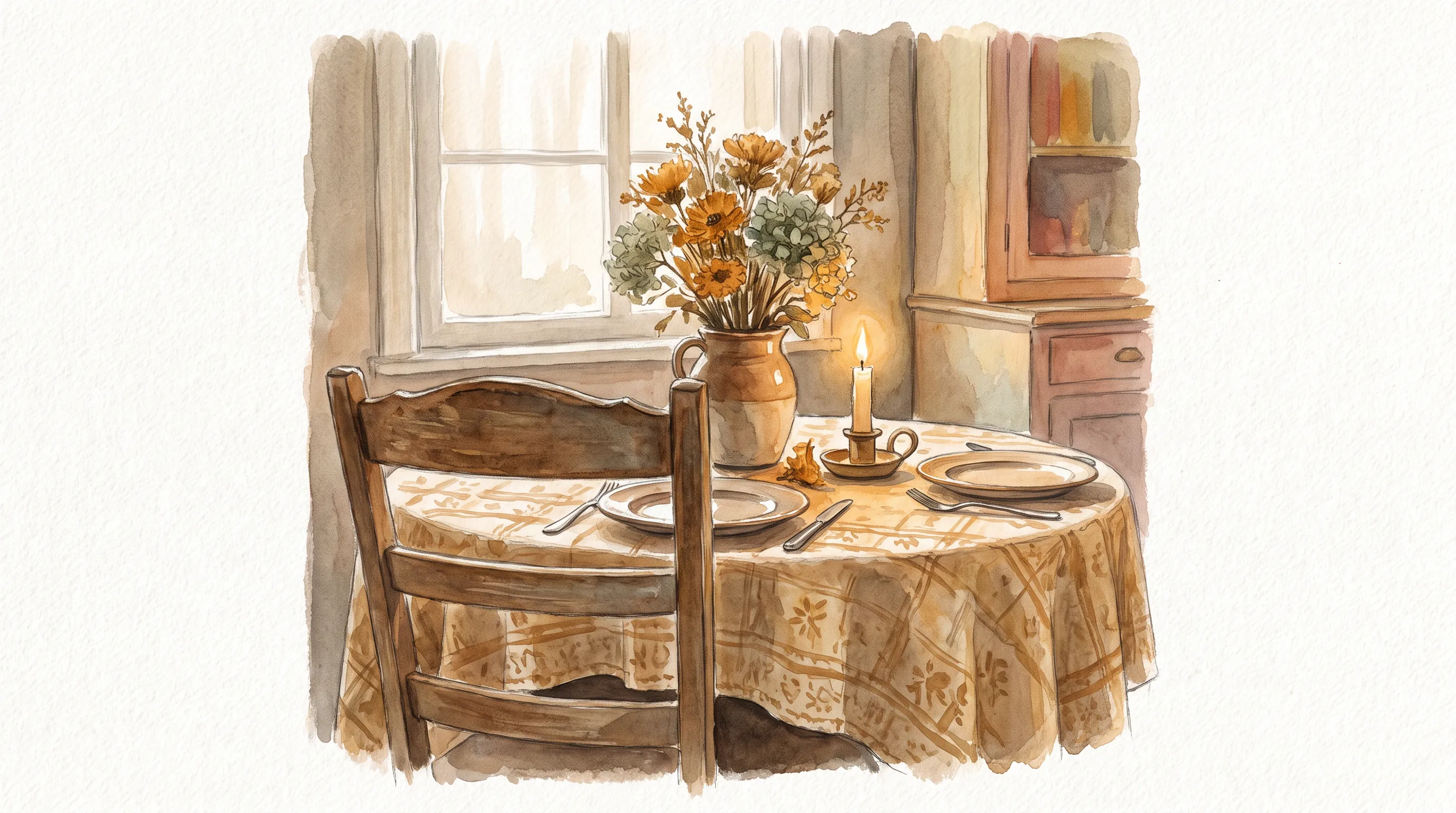 Une table dressée pour un dîner, nappe soignée et fleurs au centre, vue depuis une chaise vide, dans une lumière chaude de soir.