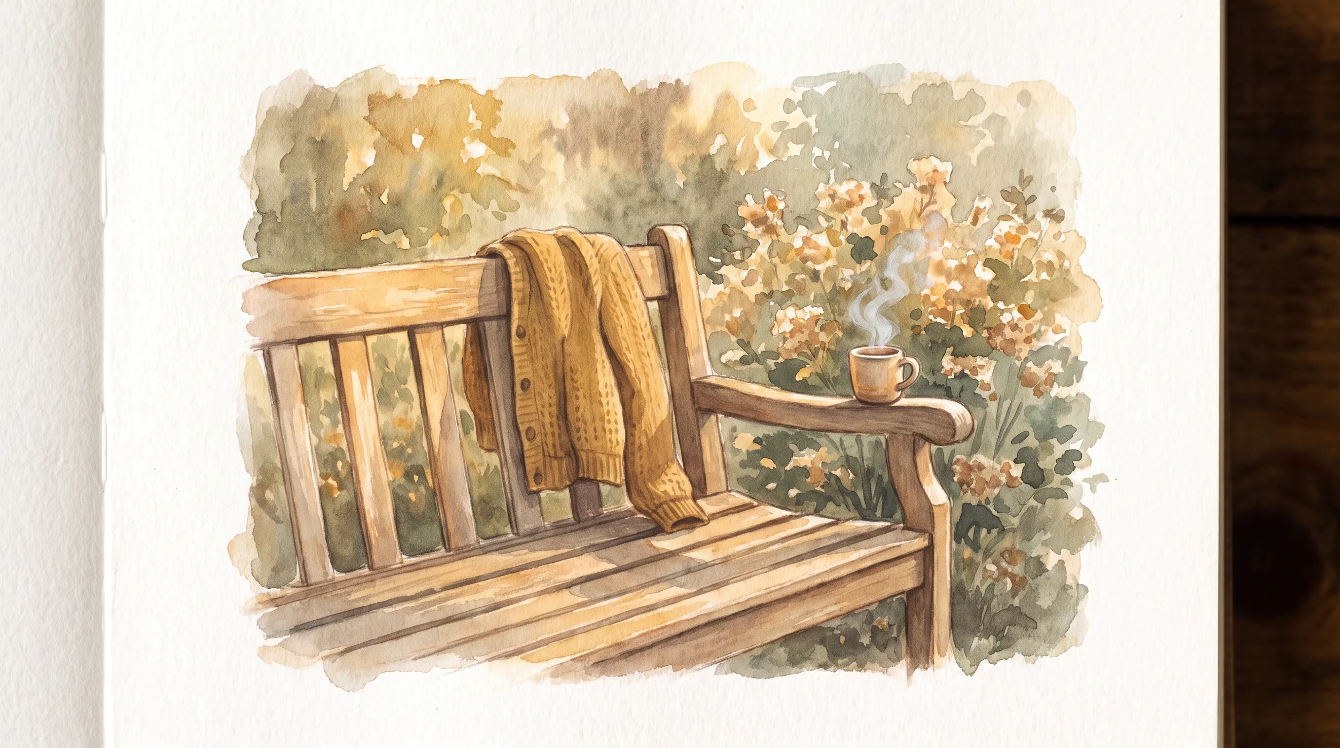 Un banc de jardin au soleil du matin, une veste posée sur le dossier, une tasse de thé fumante sur l'accoudoir, un jardin calme derrière.