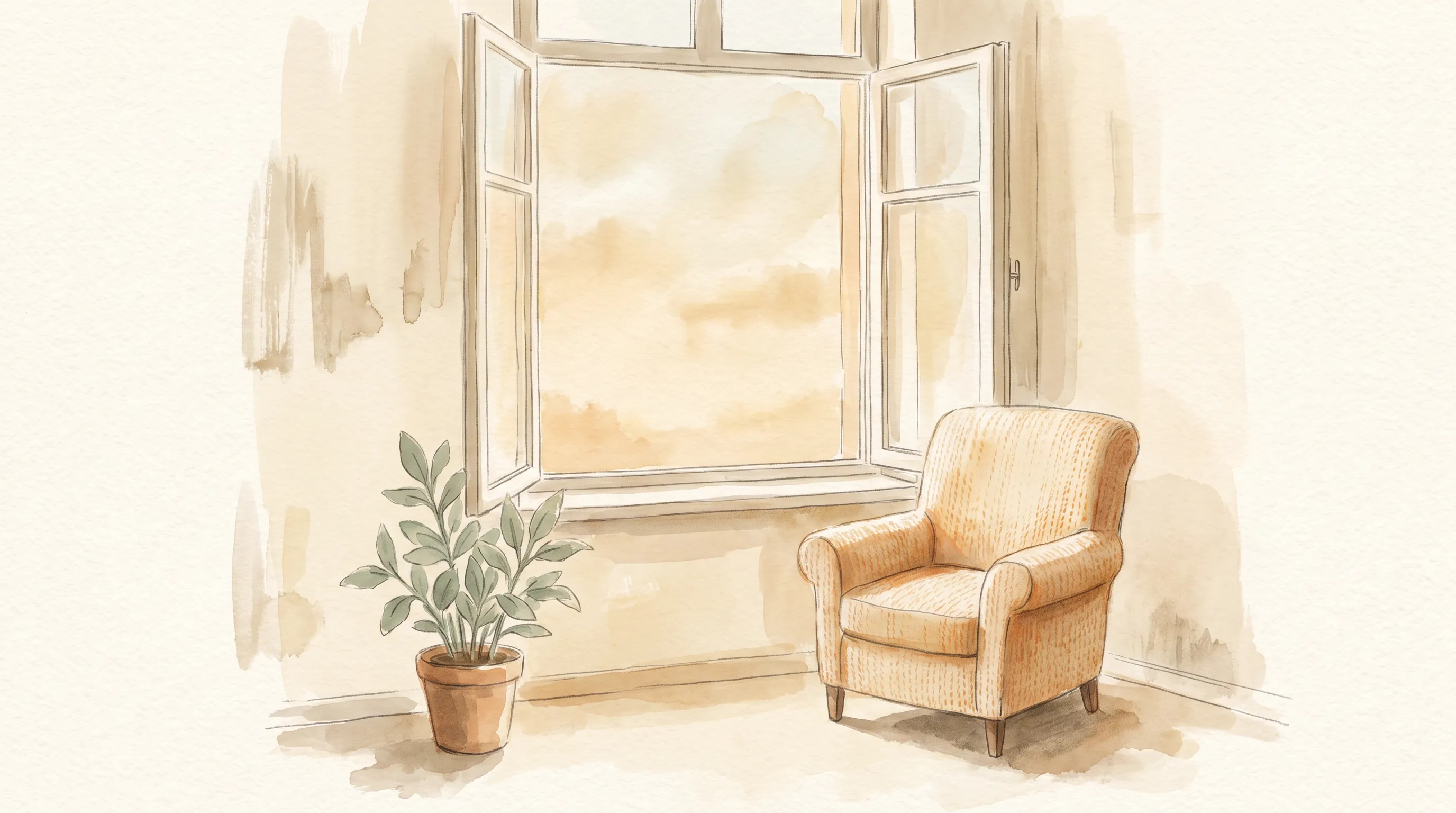 Une pièce claire presque vide, un fauteuil en tissu, une plante verte au sol, une fenêtre grande ouverte sur un ciel doux de fin de matinée.