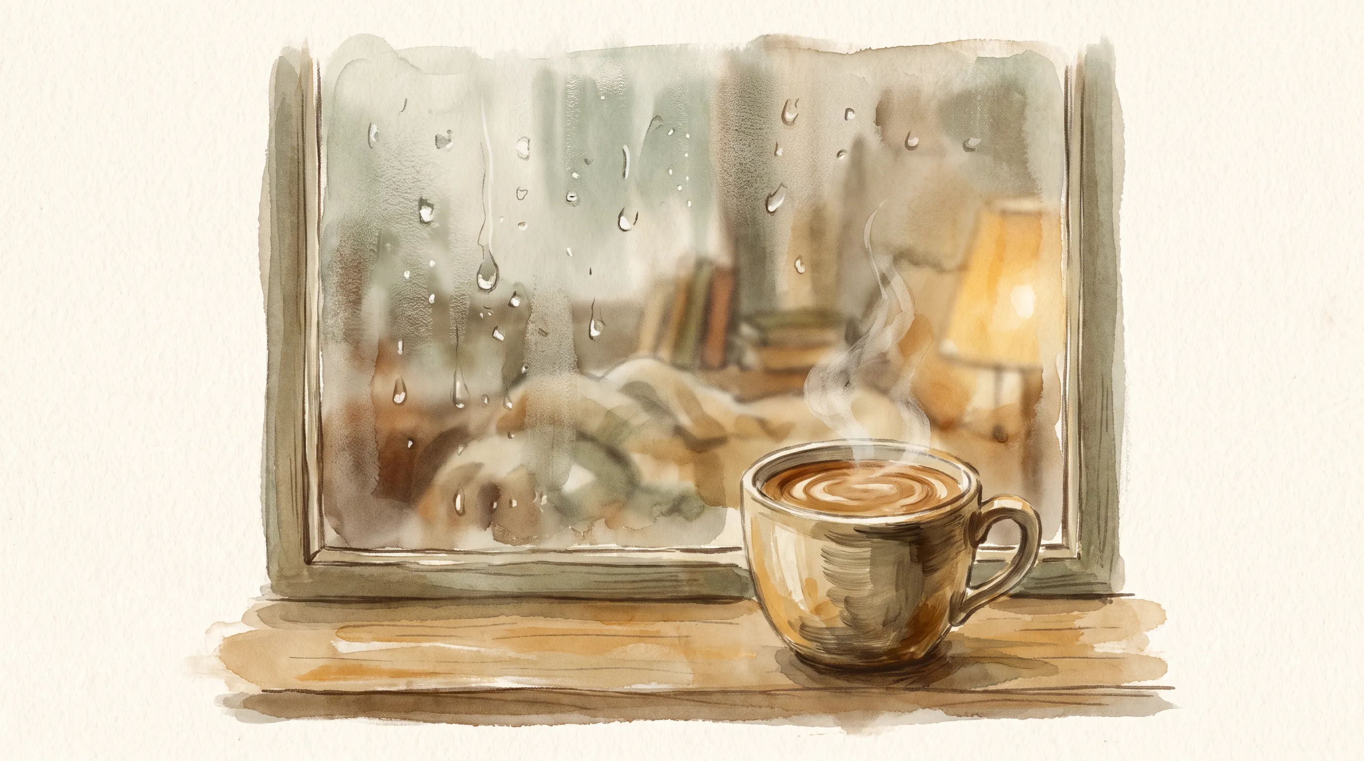 Une fenêtre embuée un matin gris, une tasse pleine qui refroidit sur le rebord, un intérieur chaud et flou derrière.