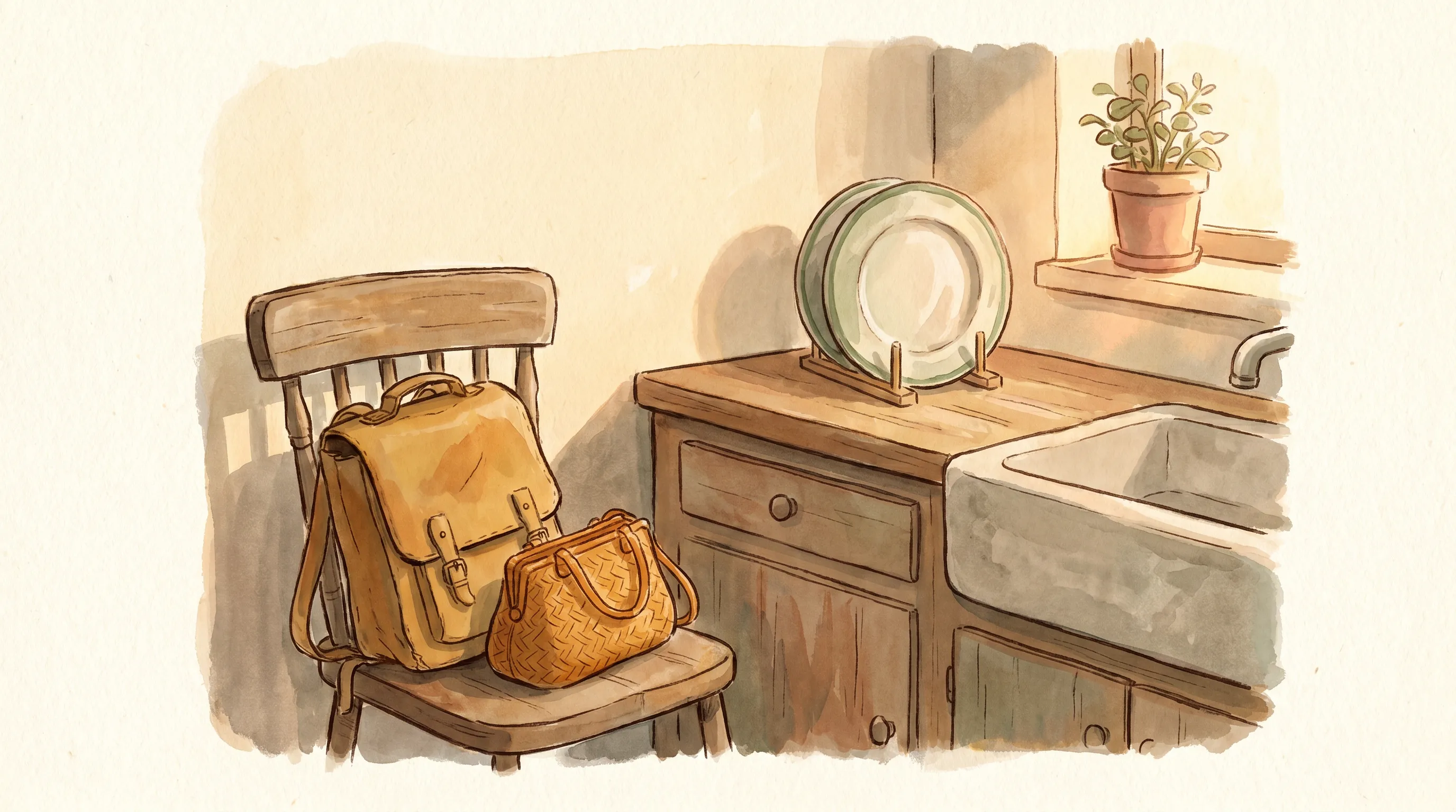 Une cuisine le soir, un cartable et un sac à main sur la même chaise, une assiette qui sèche.