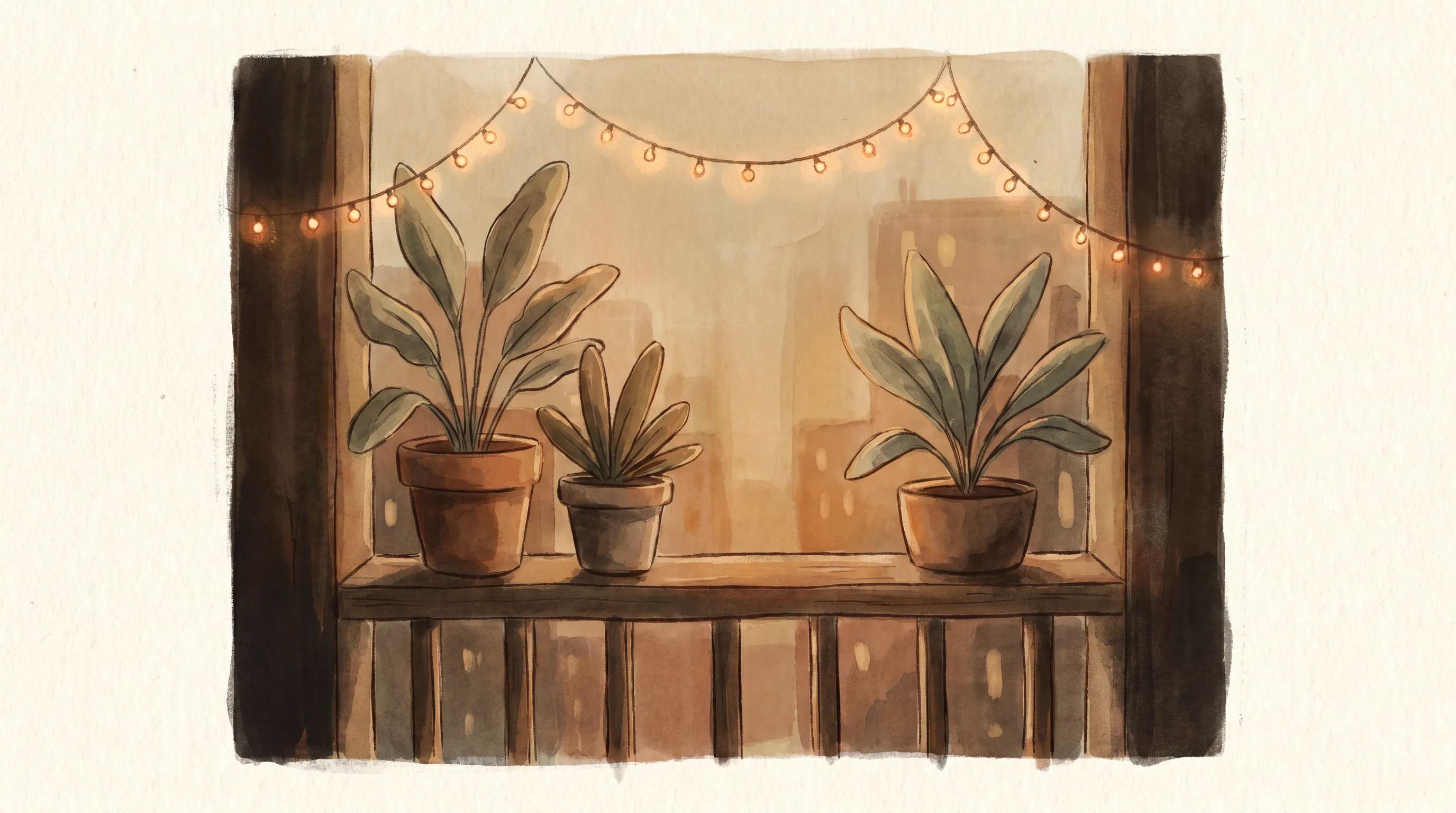 Un balcon de nuit avec deux plantes et une guirlande discrète allumée.
