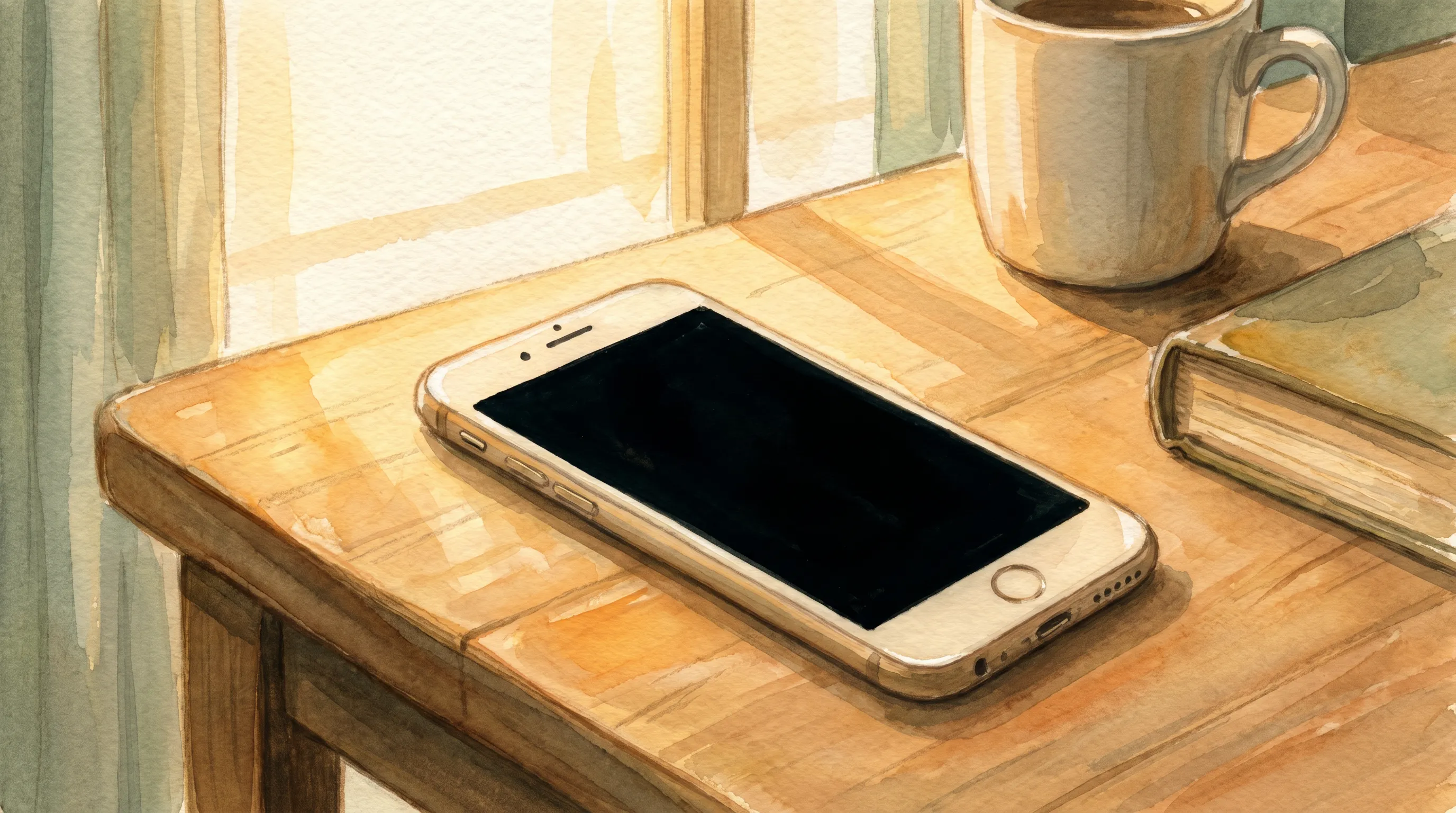 Un téléphone posé écran contre la table, lumière du soir, aucune lumière qui clignote.