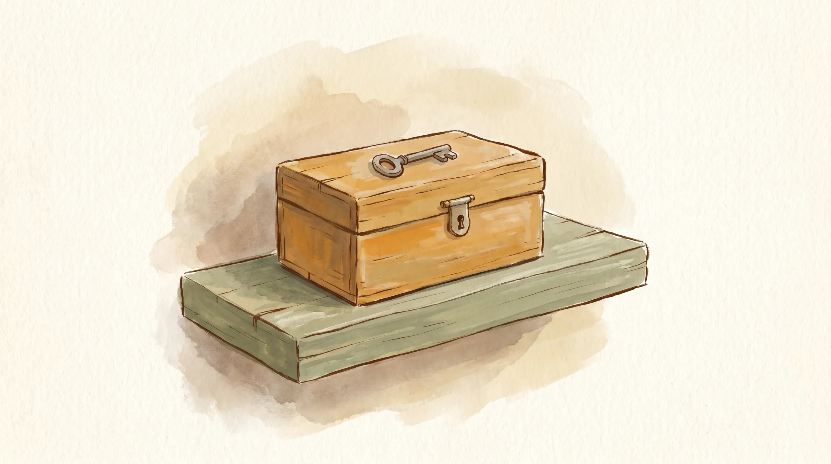 Une boîte en bois fermée avec une petite clé posée dessus, sur une étagère simple.