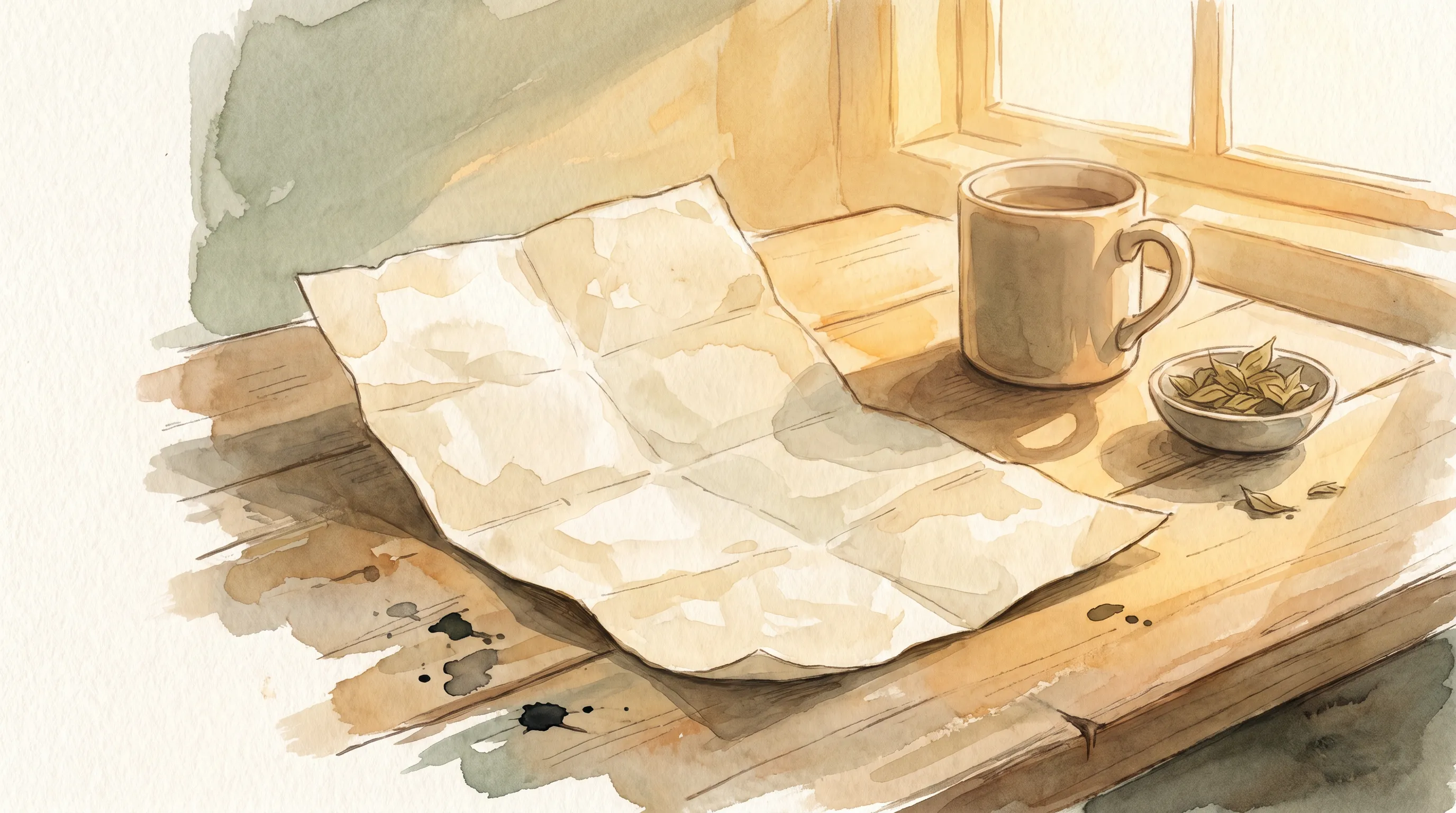 Un parchemin de Lettre déplié sur une table en bois, lumière de fin de journée, aquarelle sobre.