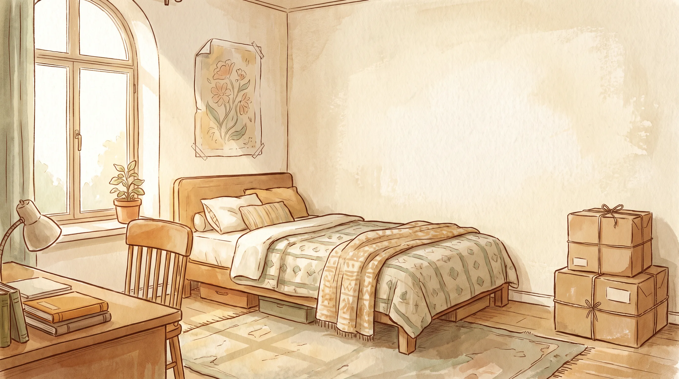 Une chambre d'adolescent rangée, le lit fait, une affiche à moitié décollée du mur, la lumière du matin par la fenêtre et une boîte de cartons dans un coin.