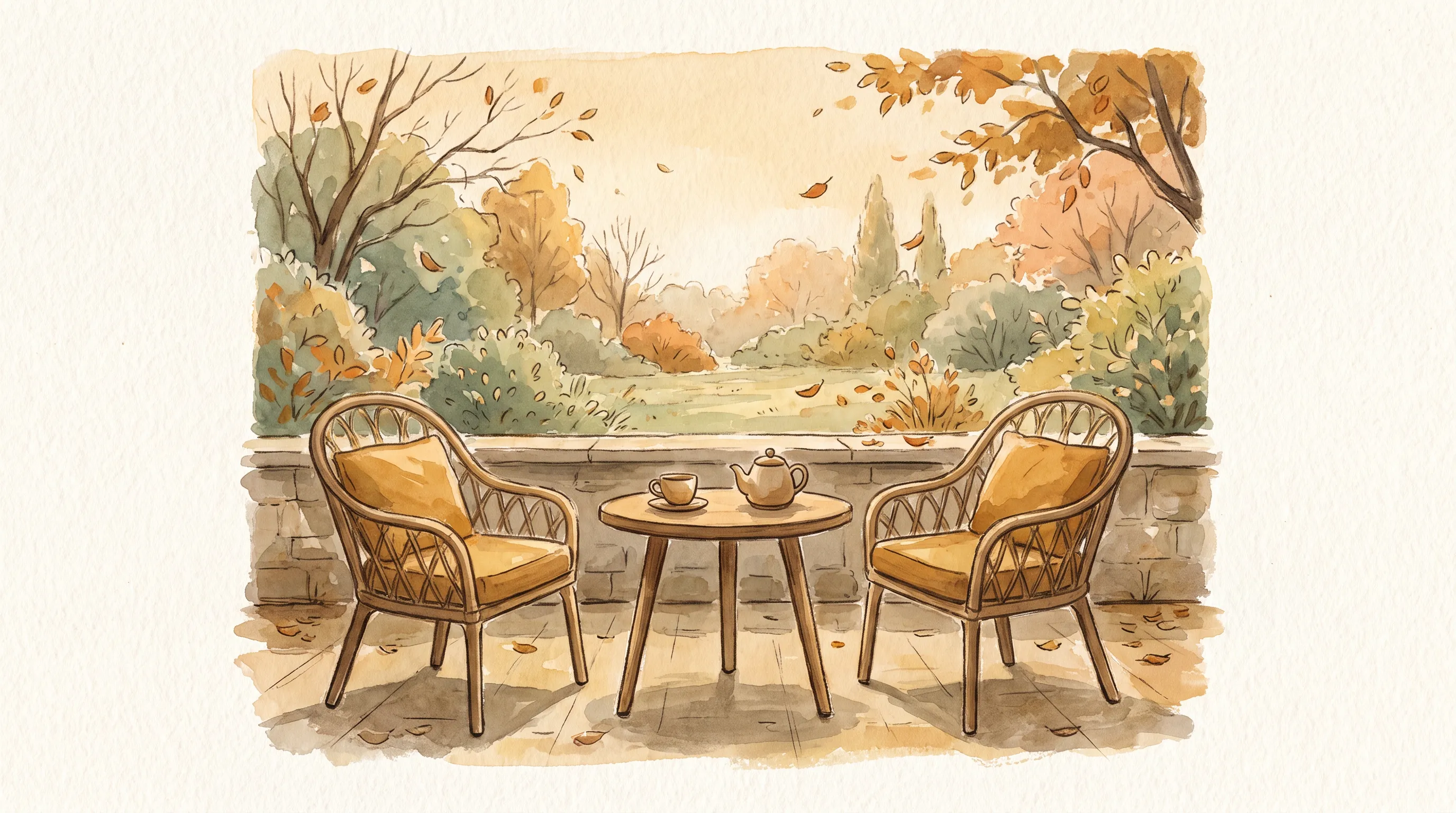 Une terrasse au matin avec deux chaises et une seule tasse, un jardin d'automne doux, lumière basse et dorée.