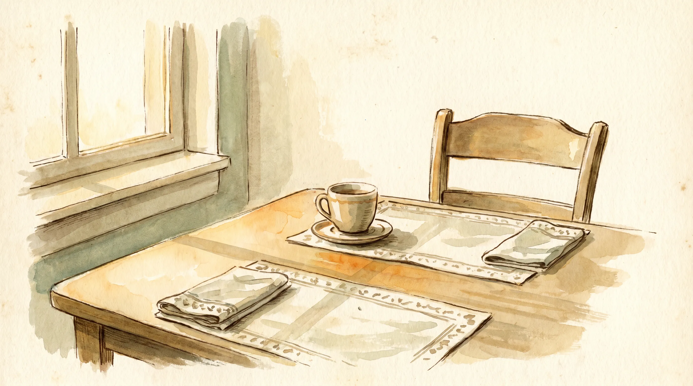 Une tasse seule sur une table dressée pour deux, chaise vide en face, lumière de matin.