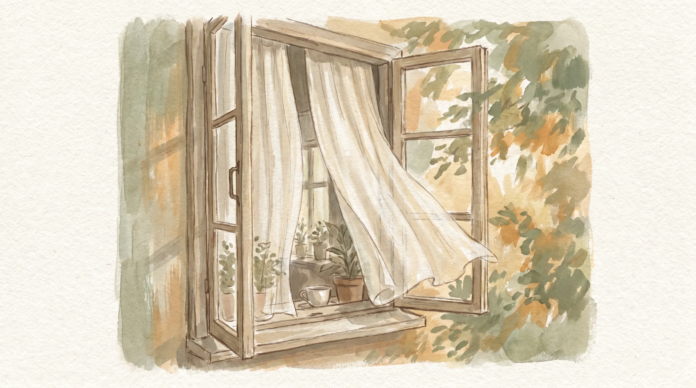 Une fenêtre ouverte un matin de printemps, un rideau léger qui bouge dans la lumière.