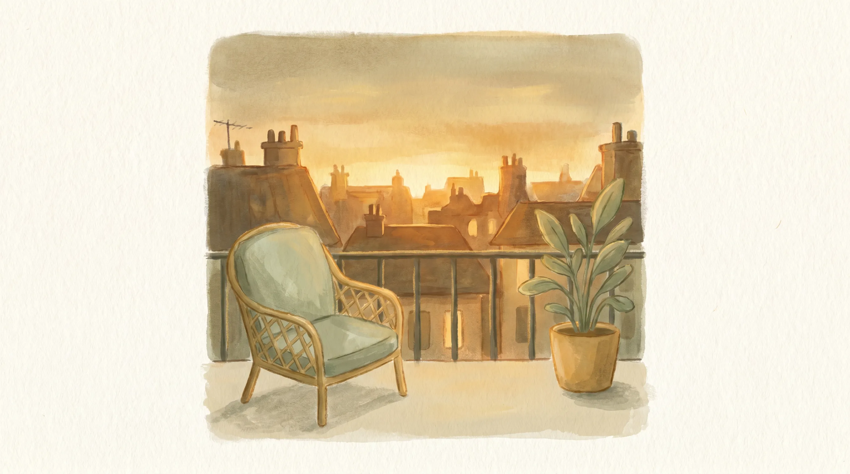 Un balcon avec une chaise et une plante, vue sur les toits au coucher du soleil.