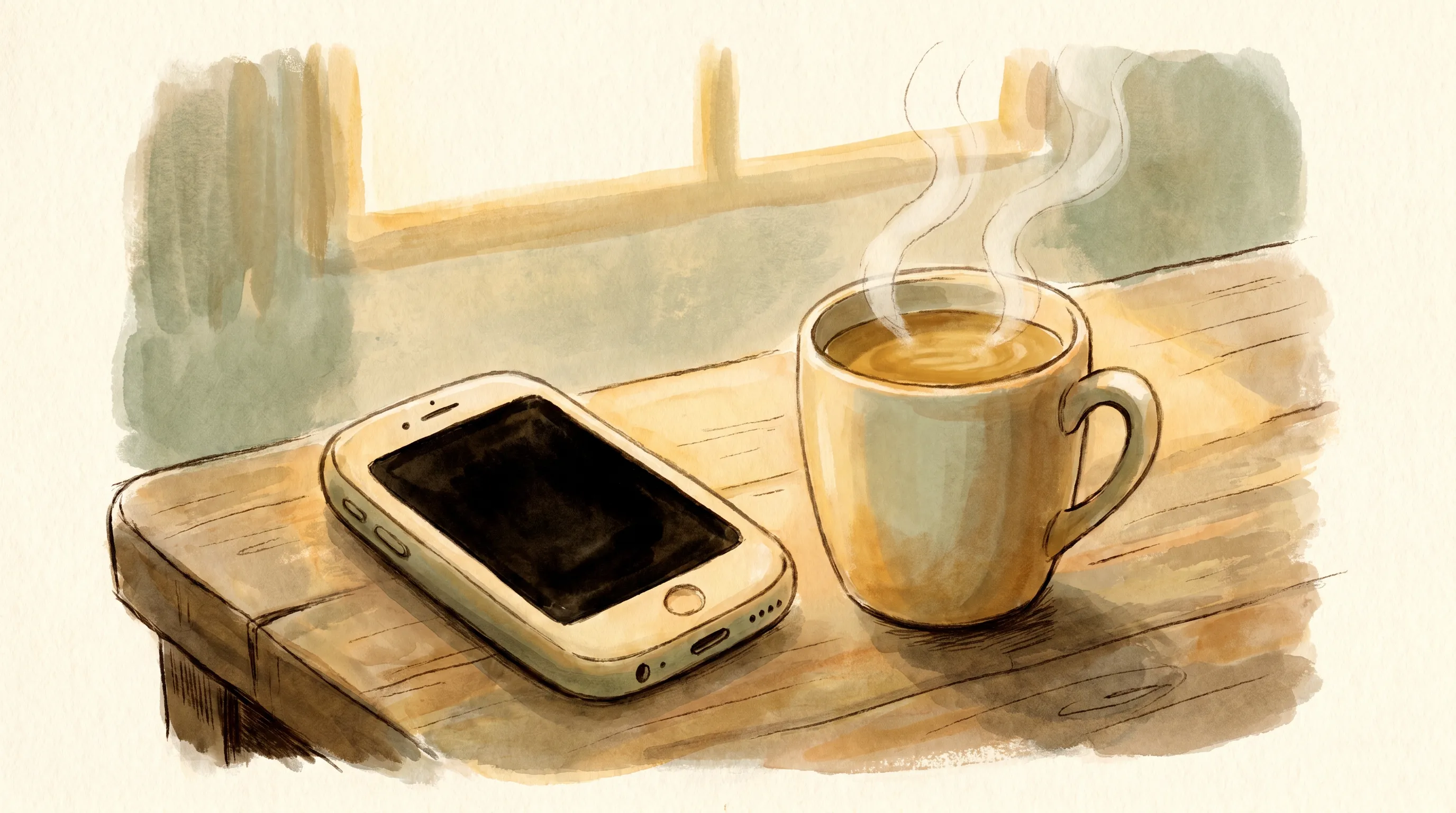 Un téléphone posé près d'une tasse, écran éteint, lumière du soir.