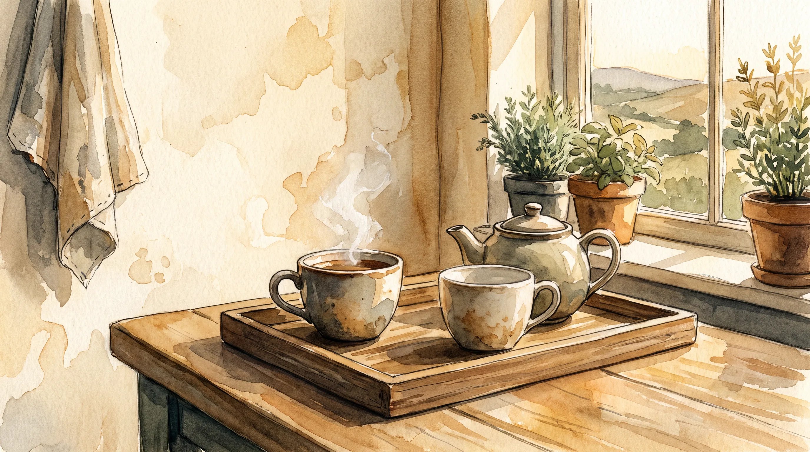Deux tasses sur un plateau, une seule servie, lumière de fin de journée sur une table de cuisine.