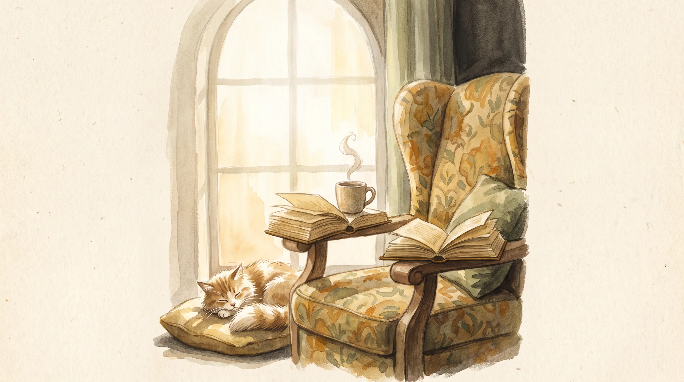 Un fauteuil près d'une fenêtre ensoleillée, un livre ouvert sur l'accoudoir, une tasse posée à côté, un chat qui dort dans la lumière.