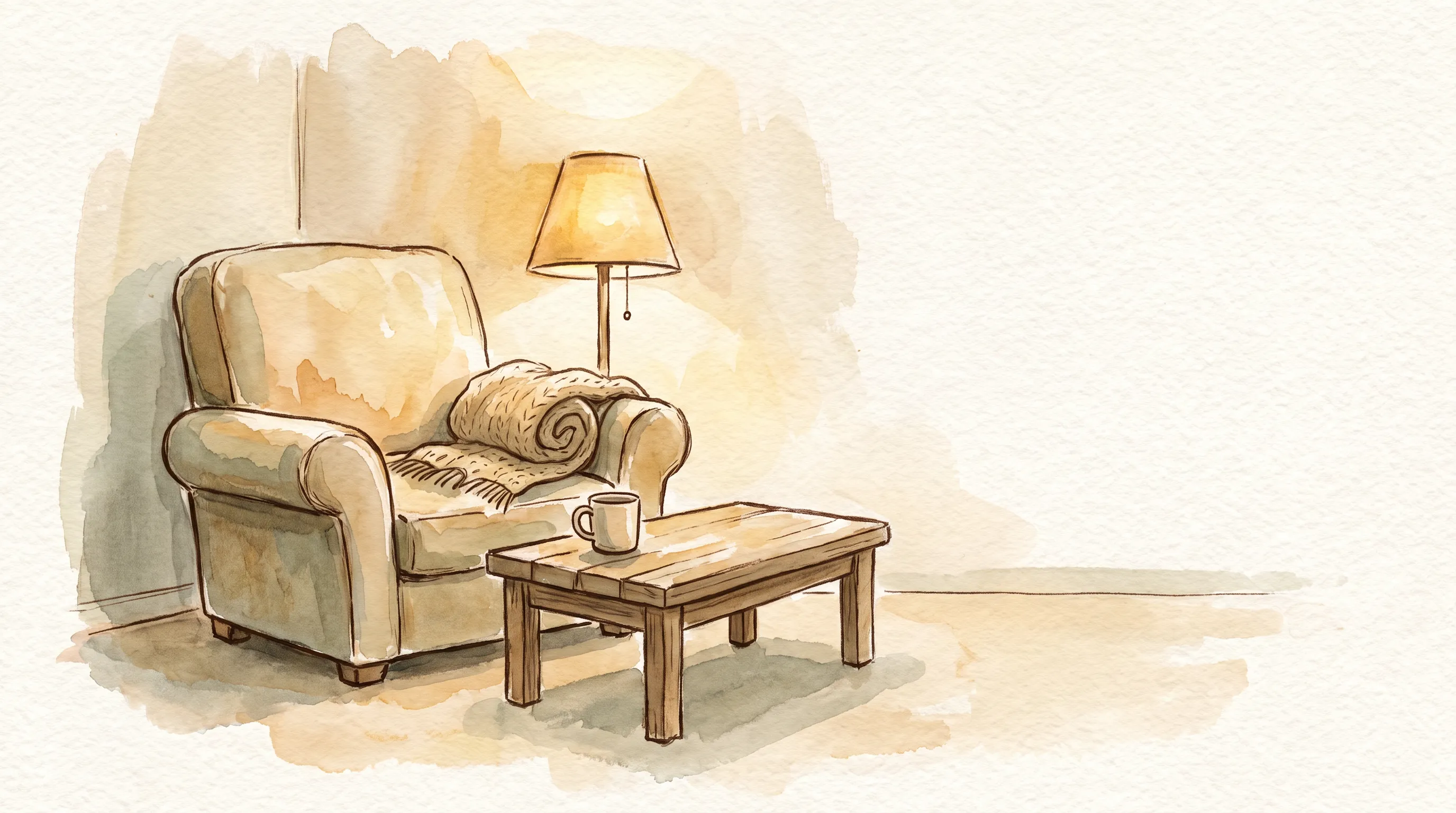 Un canapé avec une place creusée d'un côté, un plaid roulé, une tasse sur la table basse, l'autre côté net et vide, lumière de lampe le soir.