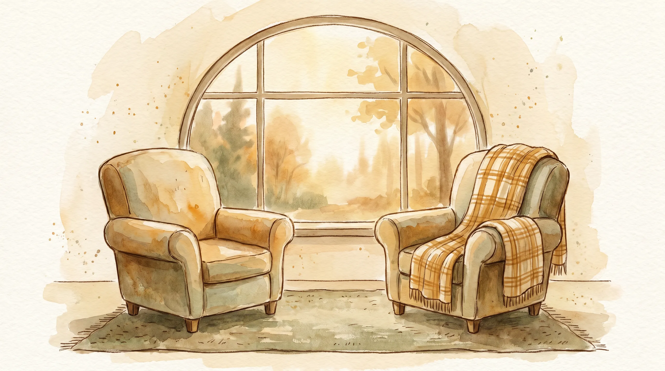 Deux fauteuils tournés vers une fenêtre, un plaid posé sur un seul des deux.